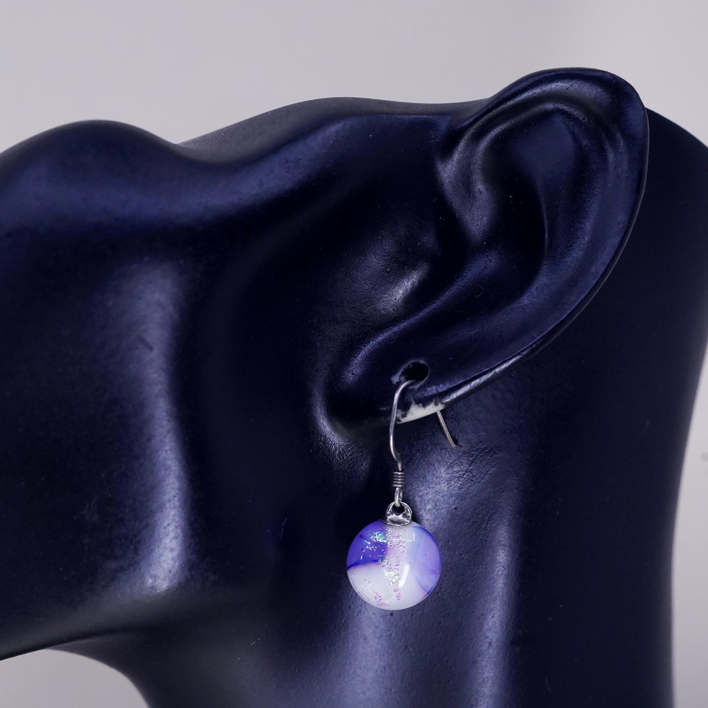 Vintage Sterling 925 silver handmade earrings purple foiled artisan glass drops