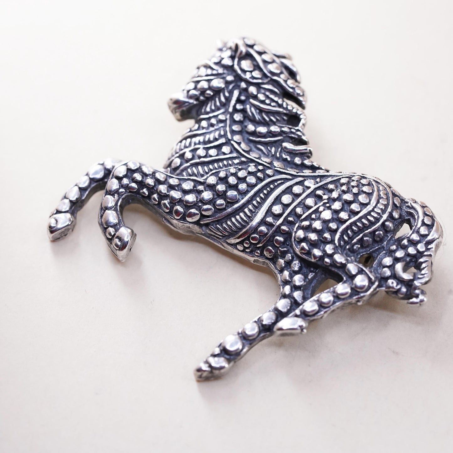 Vintage oxidized Sterling Silver Brooch 925 Pin, beaded horse Statement Jewelry