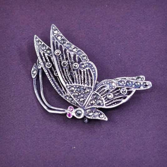 Vintage antique Art Deco southwestern handmade sterling silver butterfly brooch with movable wings and marcasite details stamped 925 MI