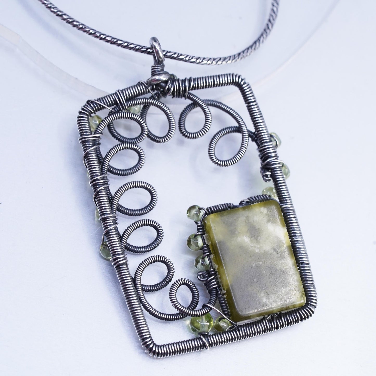 23+3", Sterling 925 silver wheat chain necklace wired rectangular jade pendant