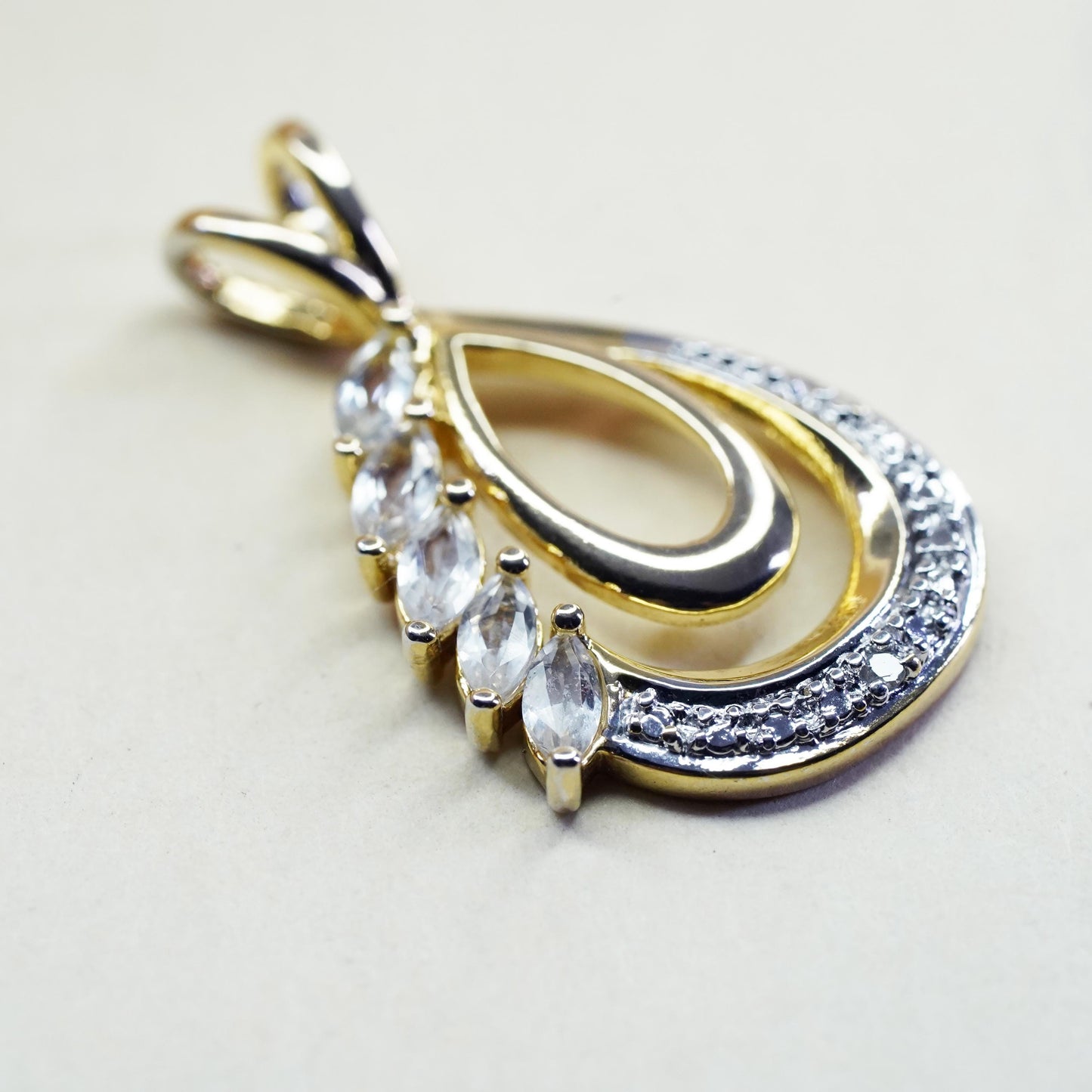 Gold over Sterling silver pendant, 925 teardrop pendant with cz details