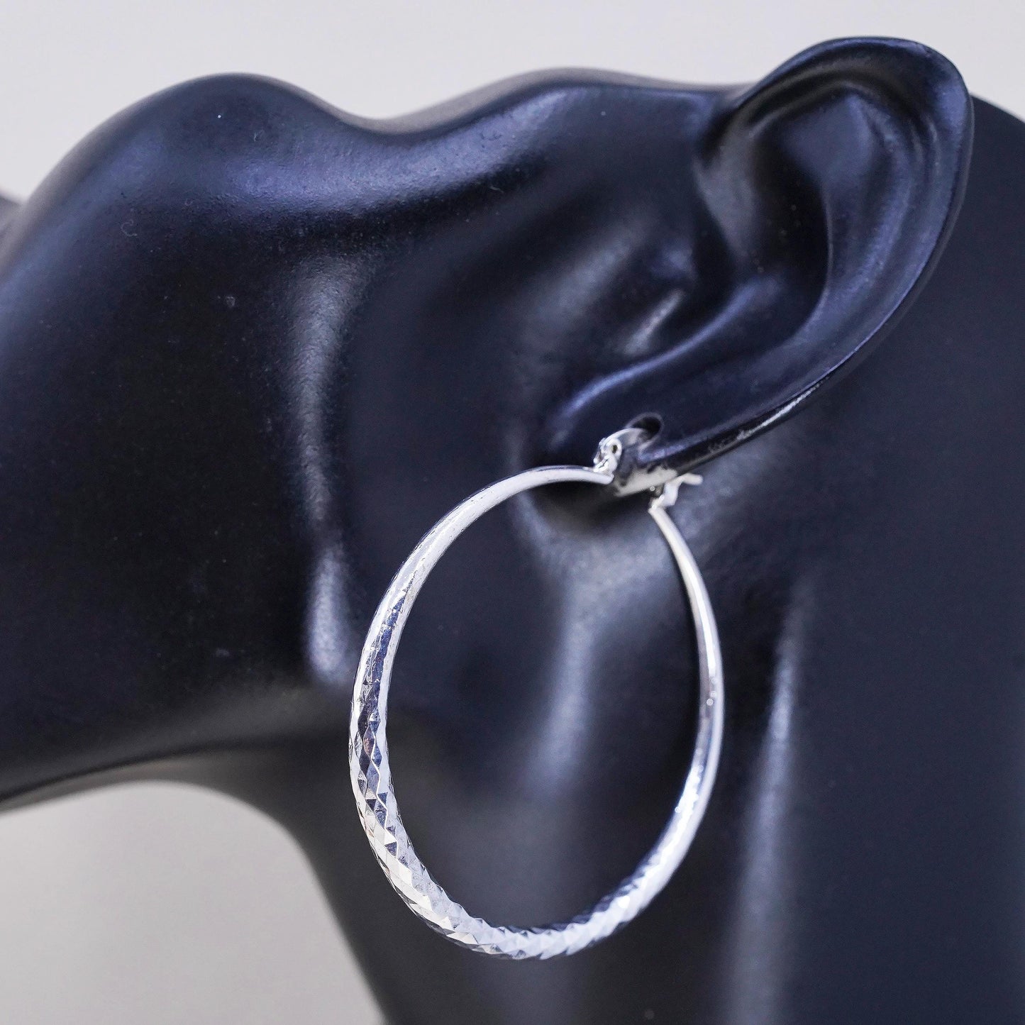 2" VTG Sterling Silver Diamond Cut Circle Large Earrings, Classic Round Hoops