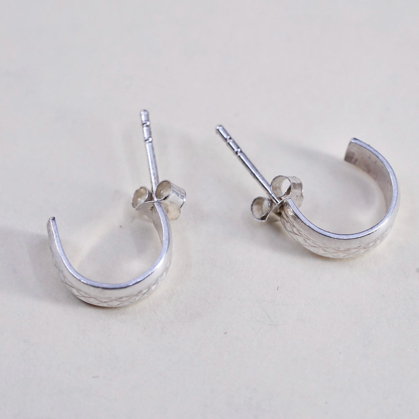 0.5”, Vintage Sterling silver earrings, 925 Diamond cut textured Huggie studs