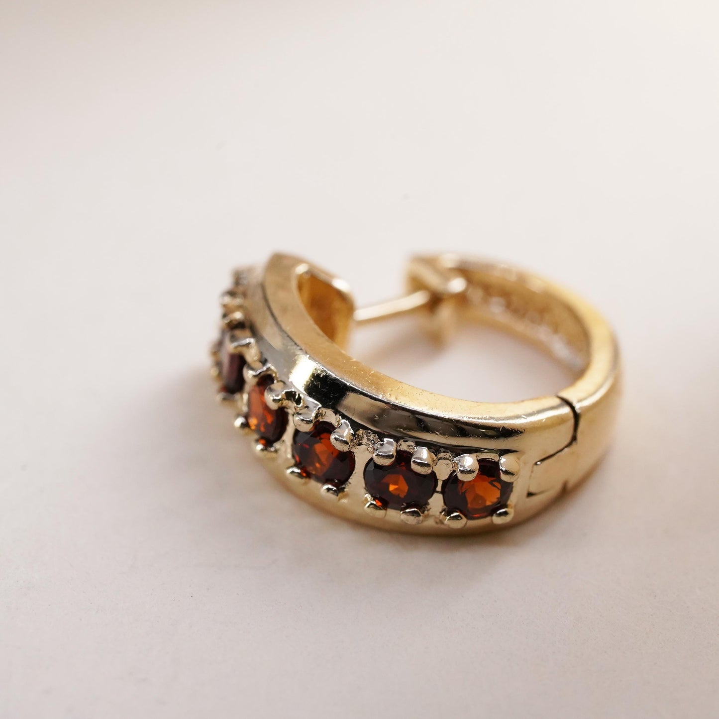 0.5”, Vintage vermeil gold sterling silver single earring, 925 huggie hoop ruby