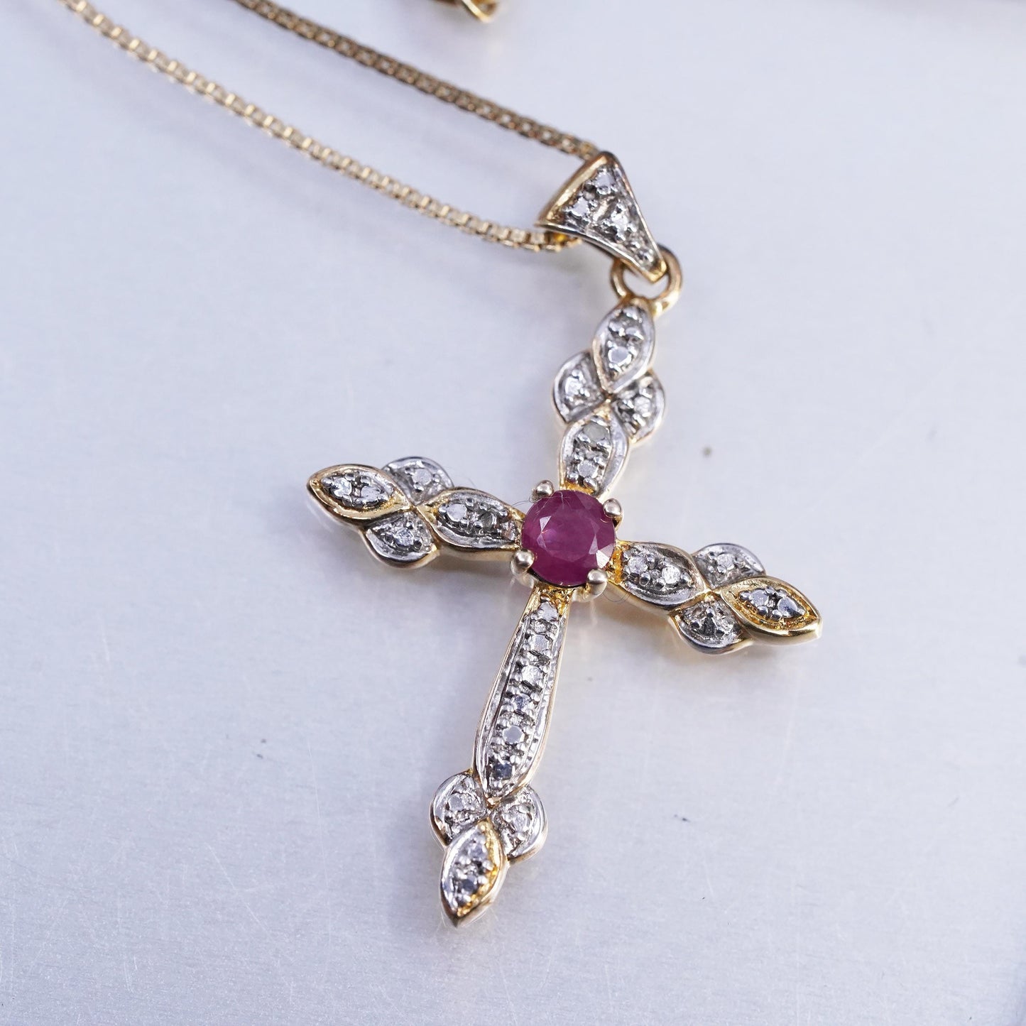 18", vermeil gold sterling 925 silver box necklace ruby diamonds cross pendant
