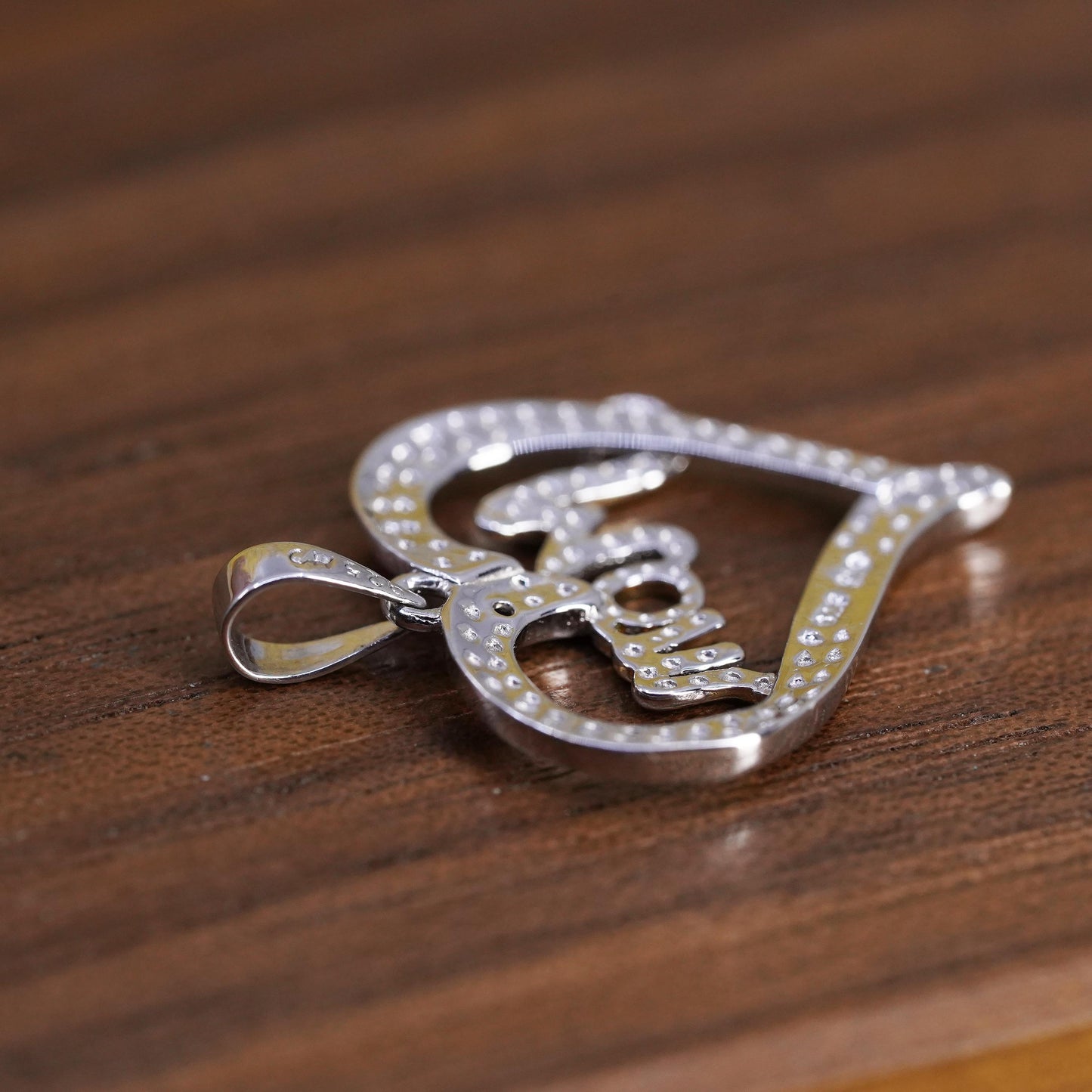 Vintage Sterling silver handmade pendant, 925 heart with “mom” diamond details