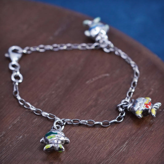 6.75”, Sterling silver bracelet, Mexico 925 oval link chain puffy fish charms