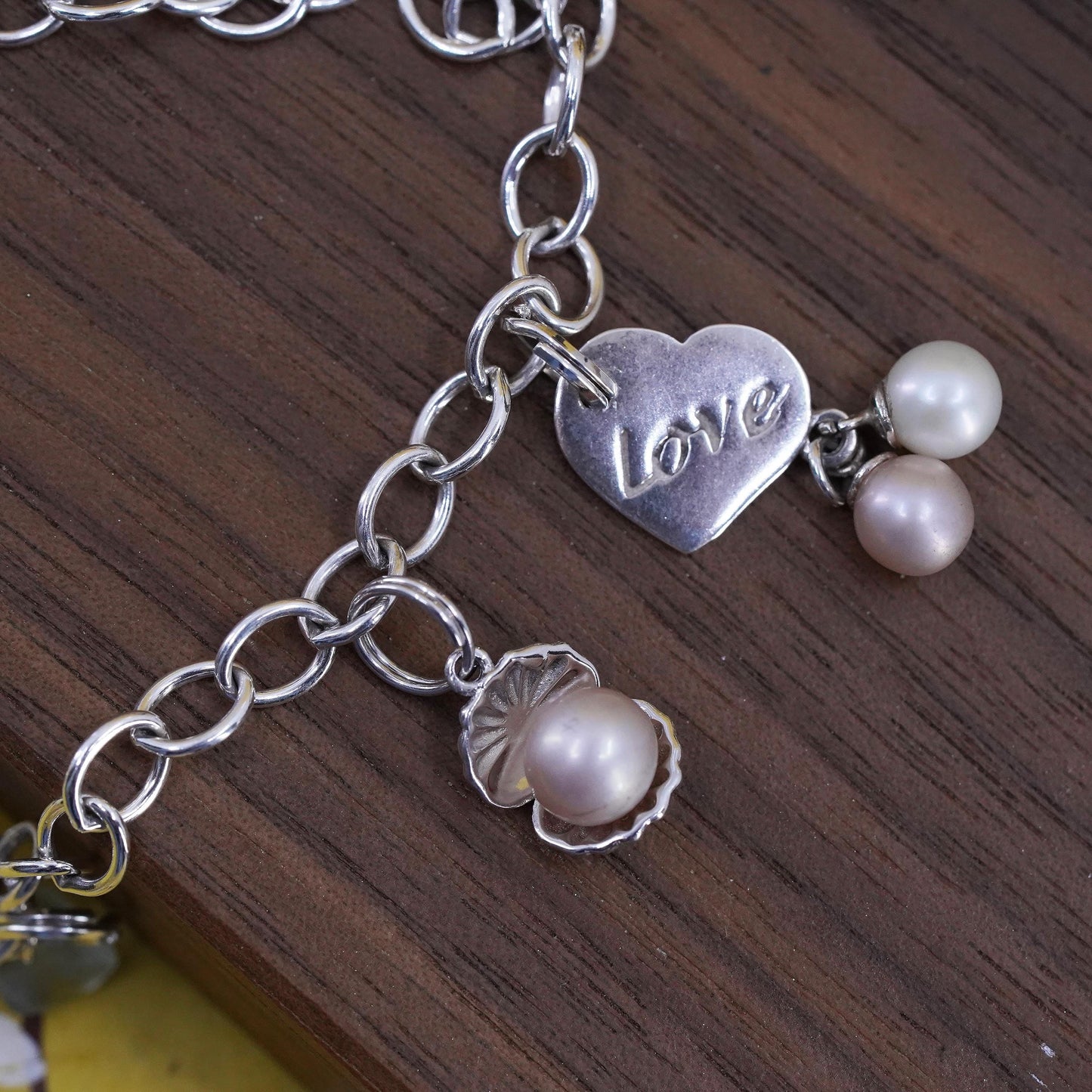7.5” Sterling silver bracelet, 925 oval chain pearl heart lock key paw charms
