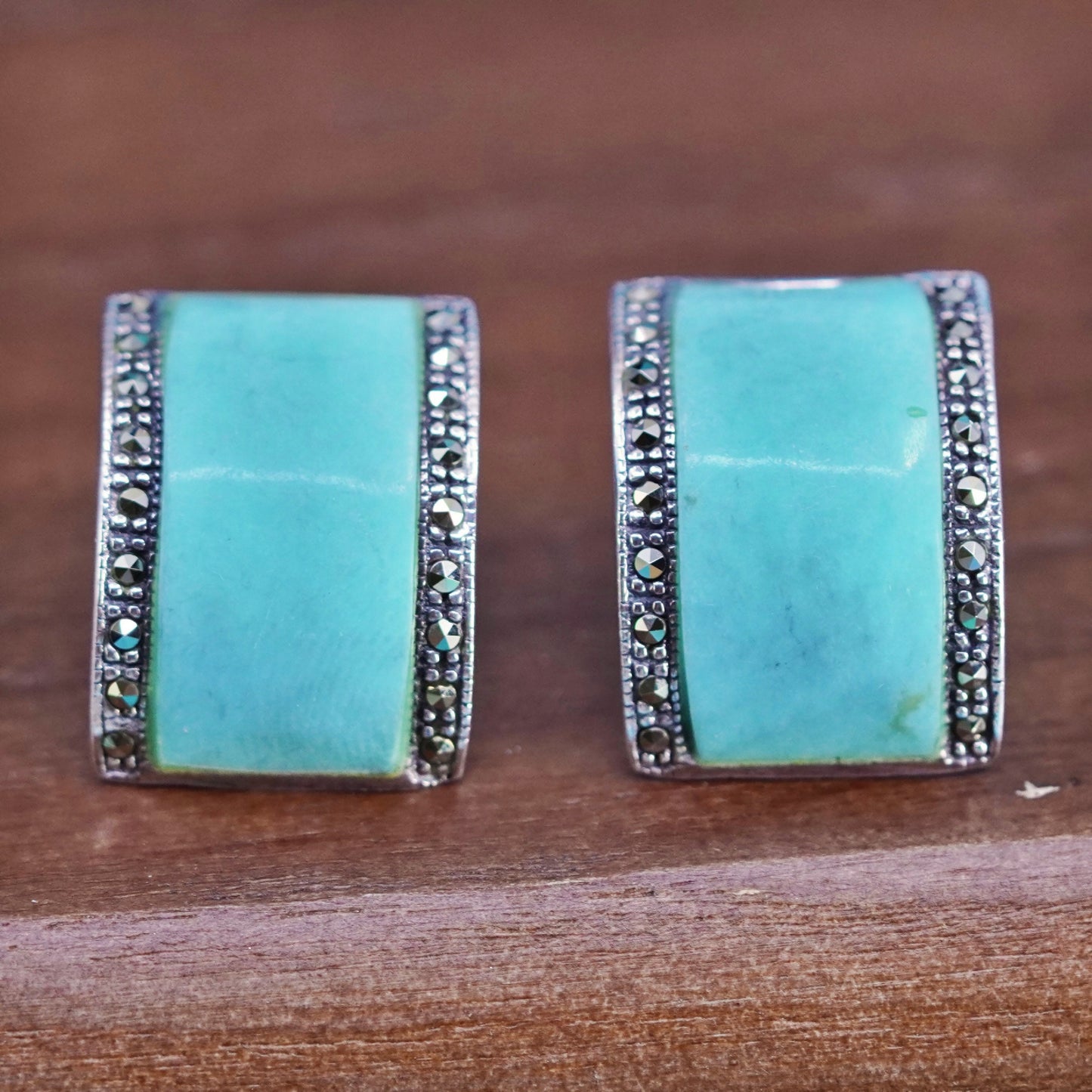 sterling silver handmade earrings, 925 studs with turquoise inlay and marcasite