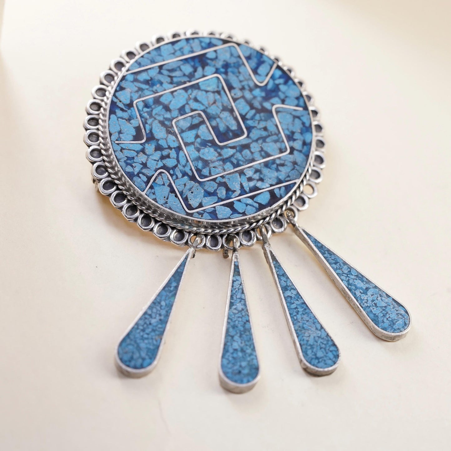 Sterling Silver Taxco Mexico Pin Pendant Turquoise Mosaic Gemstone 925 Brooch