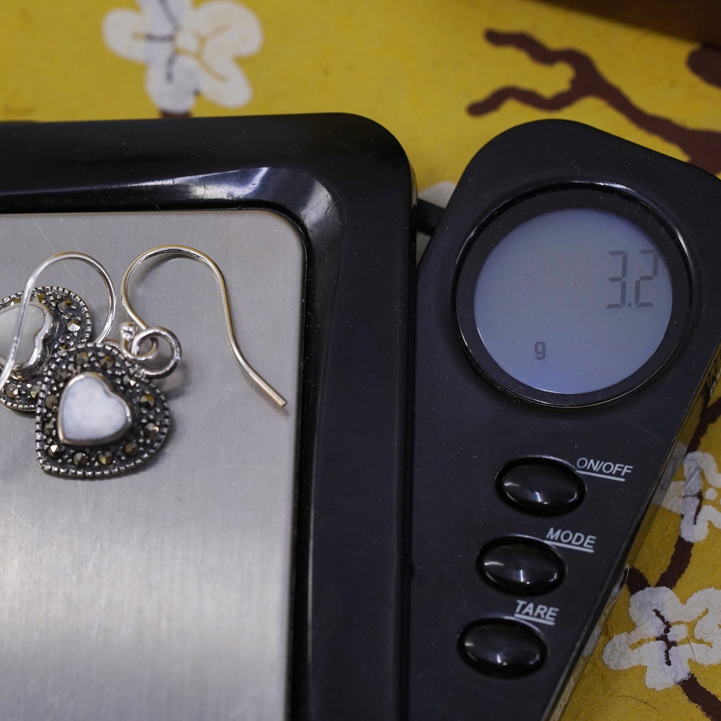 Sterling 925 silver handmade earrings with heart mother of pearl and Marcasite