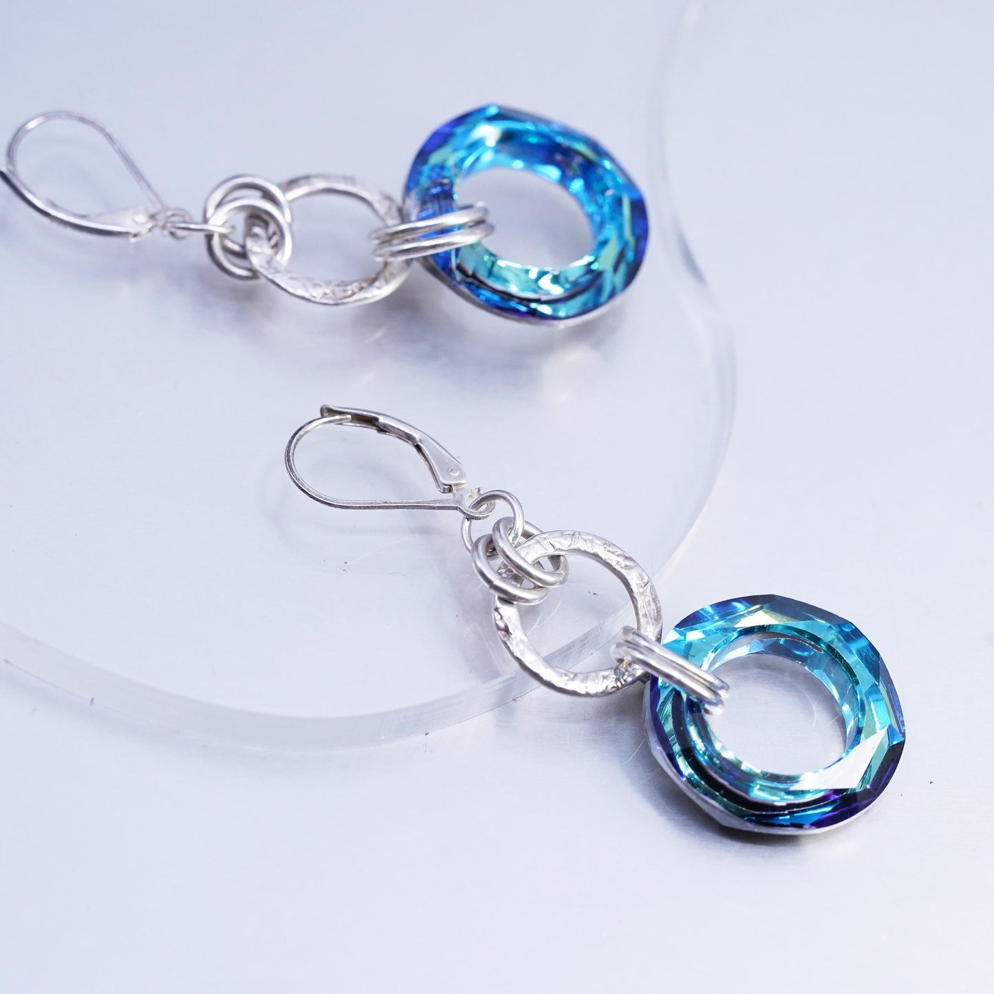 Vintage Sterling 925 silver handmade entwined circle earrings blue AB crystal