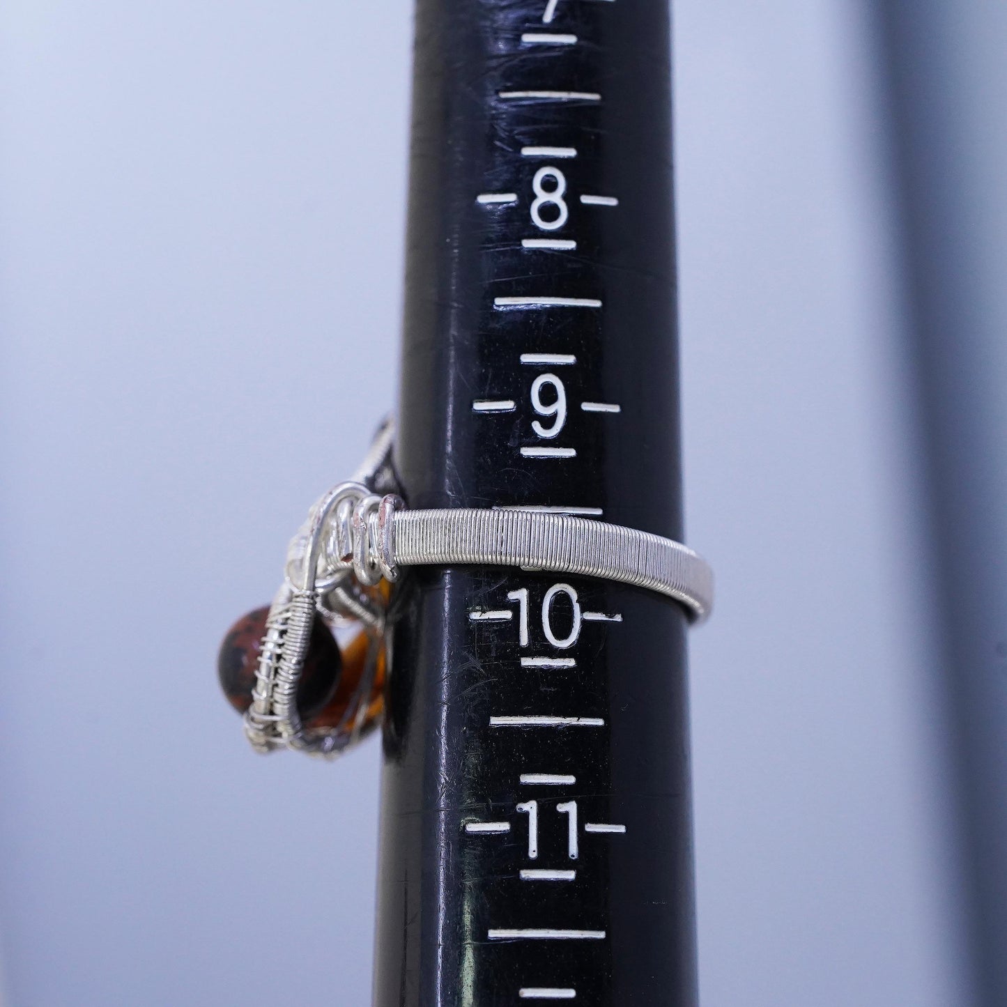 Size 9.5, vintage sterling 925 silver handmade wired ring with amber beads