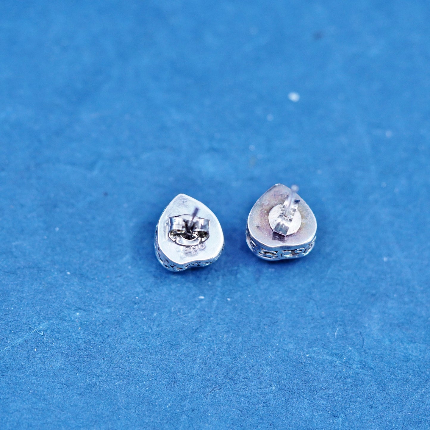 Vintage Sterling silver handmade earrings, 925 heart studs with ruby