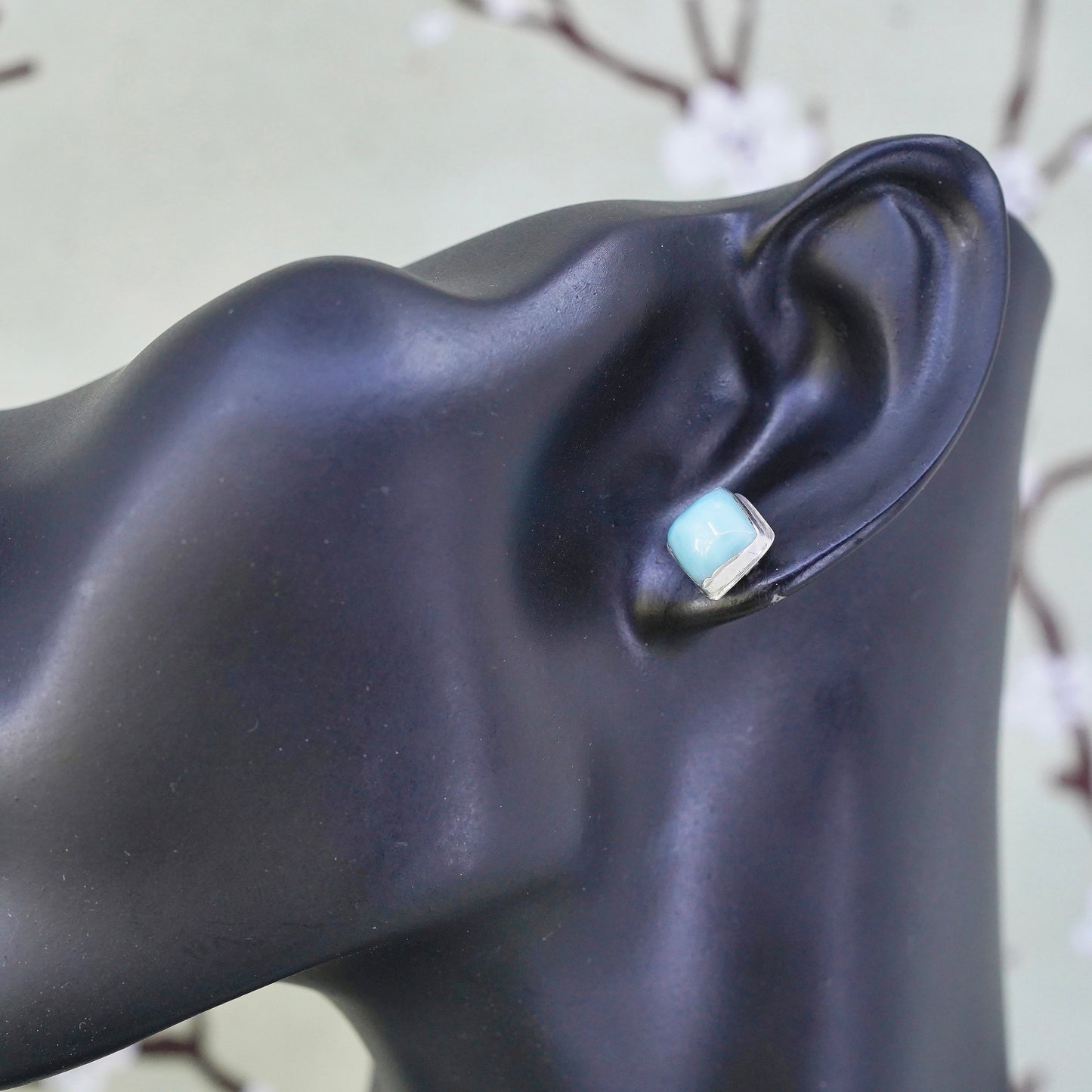 Vintage sterling silver handmade earrings, 925 square studs with Larimar
