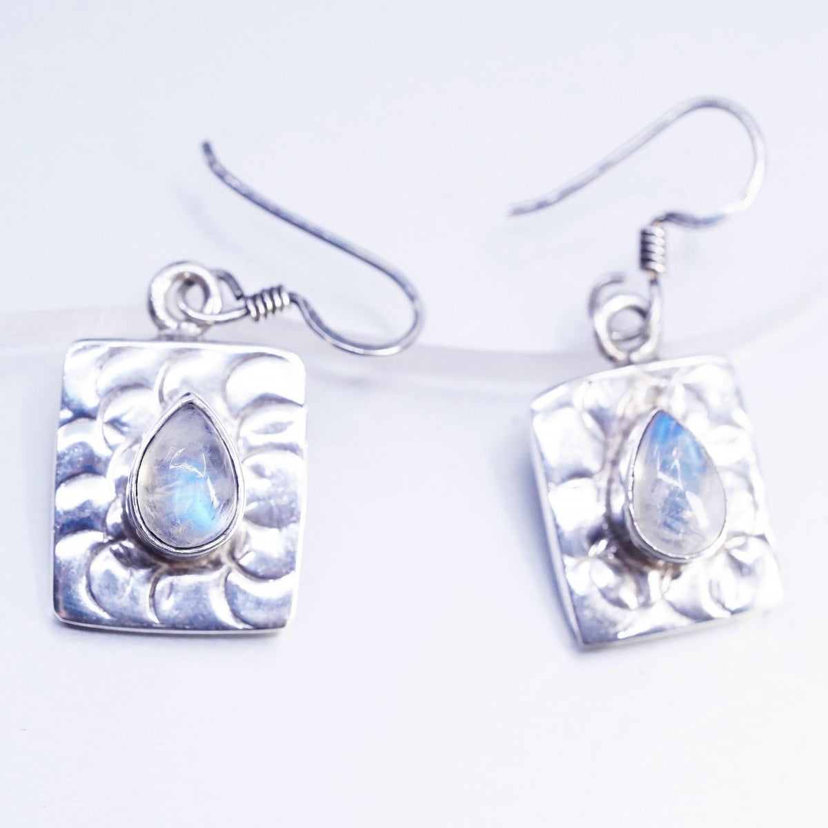 Vintage Sterling 925 silver textured square earrings teardrop moonstone