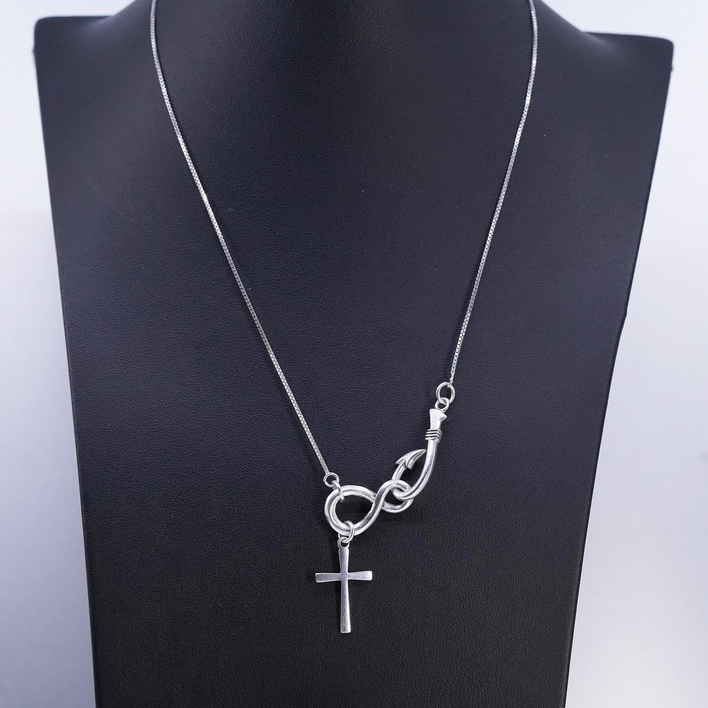 18" Sterling 925 Silver Fish Hook Infinity Cross Necklace, Pendant Christian