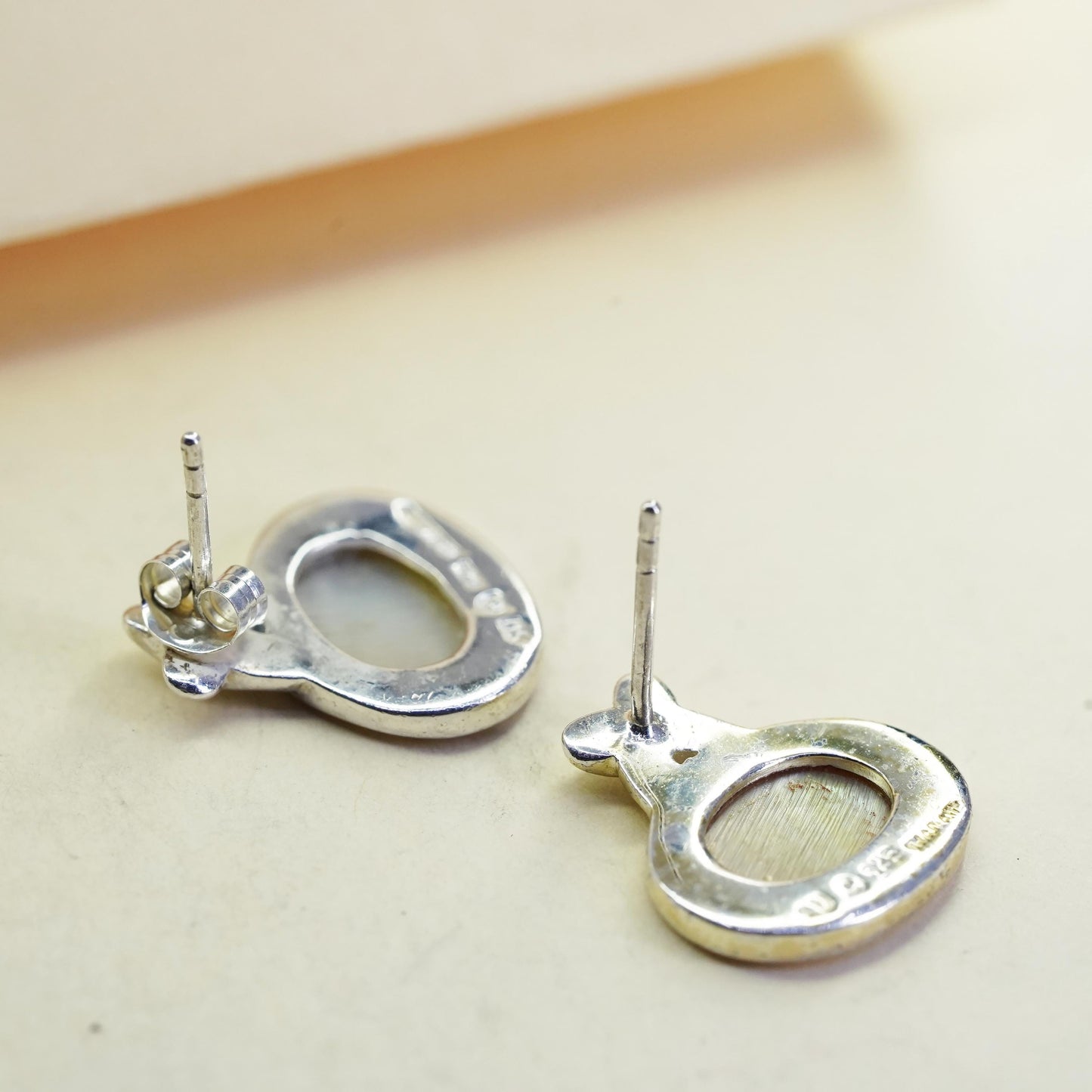 Vintage sterling silver earrings, 925 modern oval studs with mother of pearl