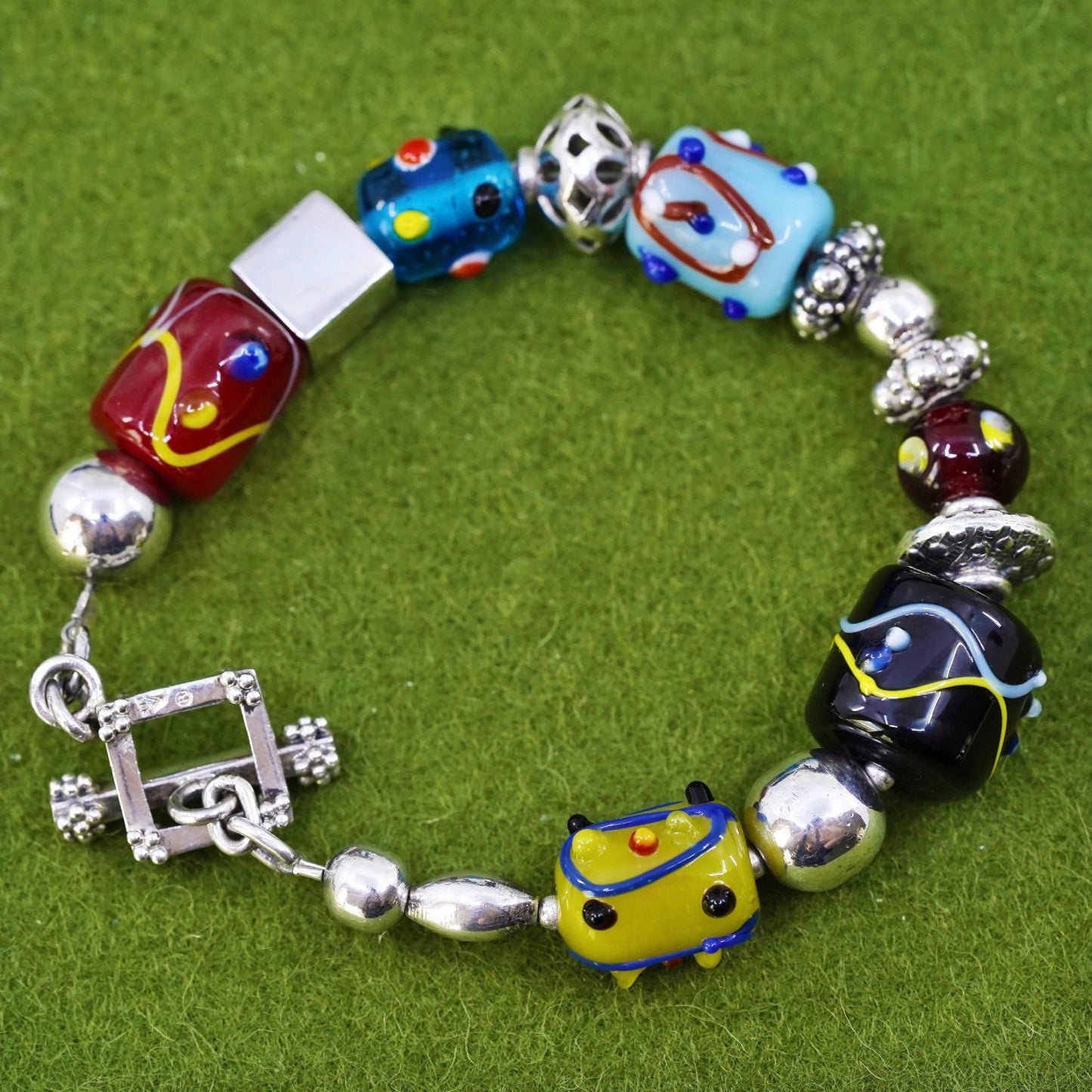 7”, VTG Silpada Sterling Silver Lampwork Art Glass Bead Toggle Bracelet B0871