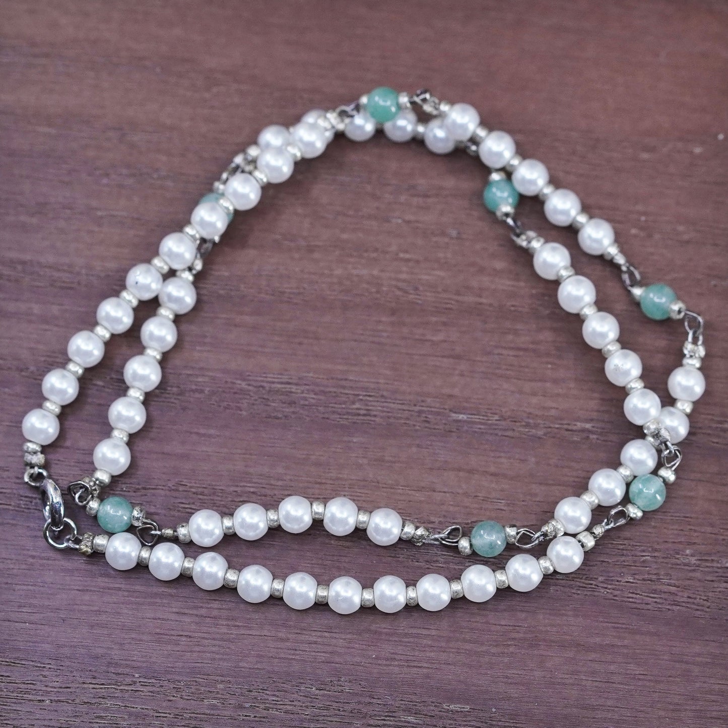 16”, Sterling silver 925 handmade necklace with 4mm freshwater pearl and jade