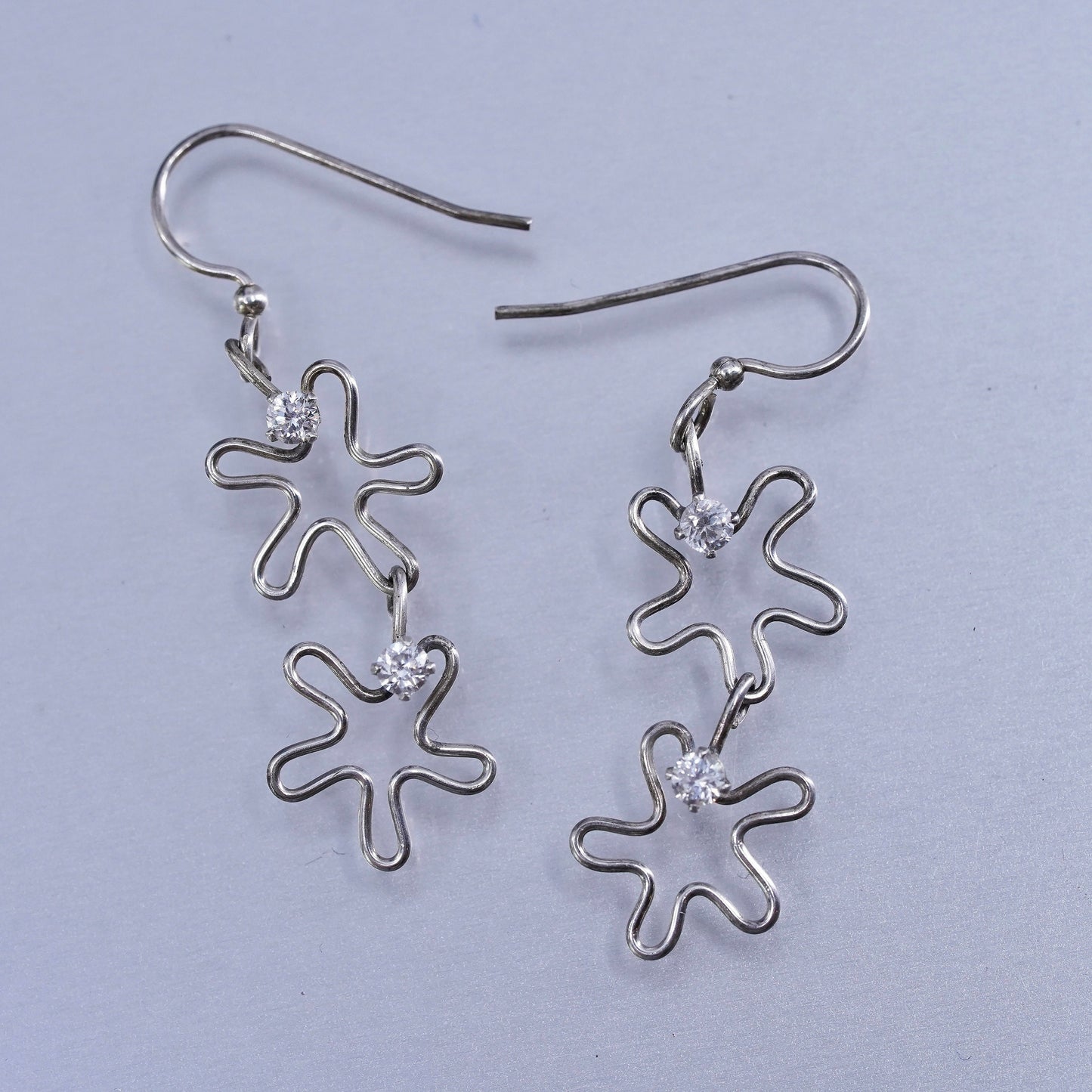 Vintage Sterling 925 silver handmade wired flower earrings with cz