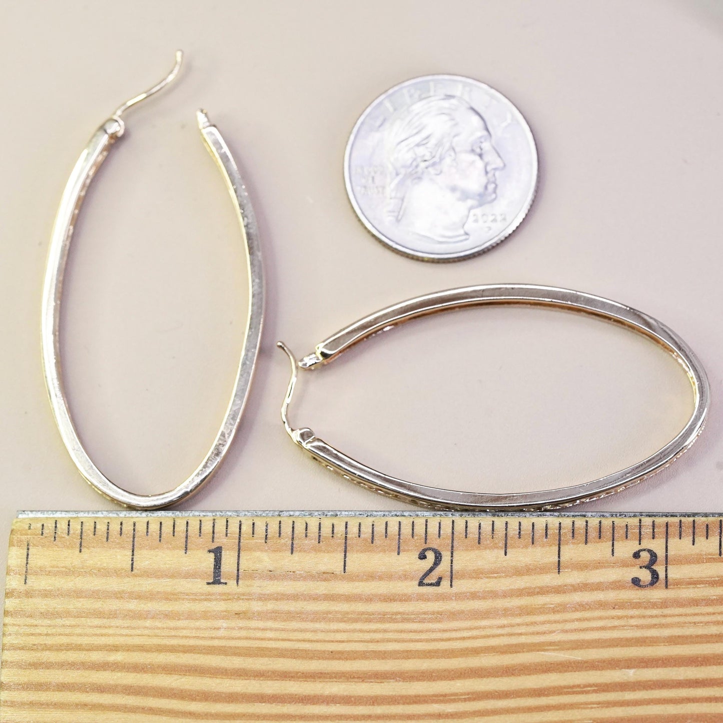 2”, vintage vermeil gold over Sterling silver earrings, 925 oval hoops with cz