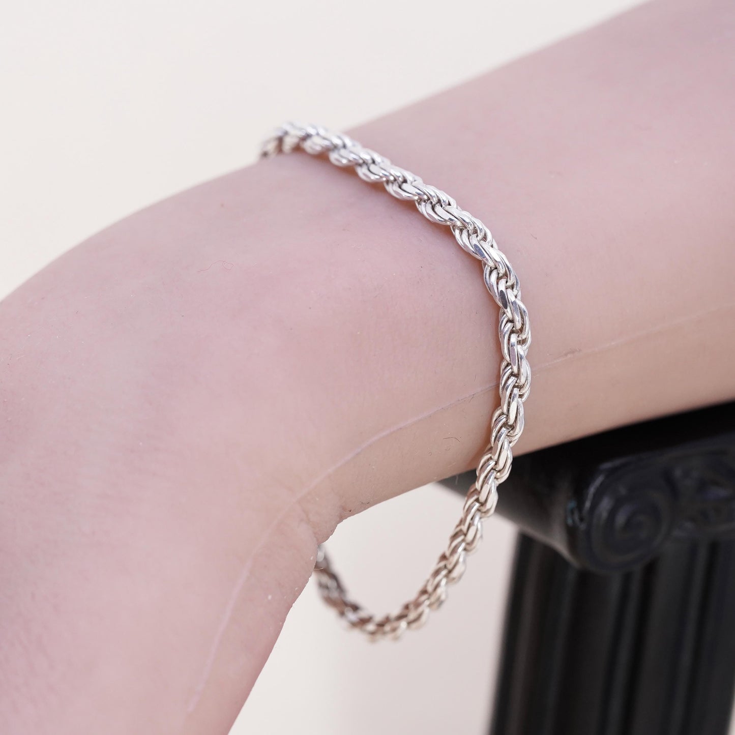 7" 3mm, Vintage Italian sterling 925 silver diamond cut rope chain bracelet
