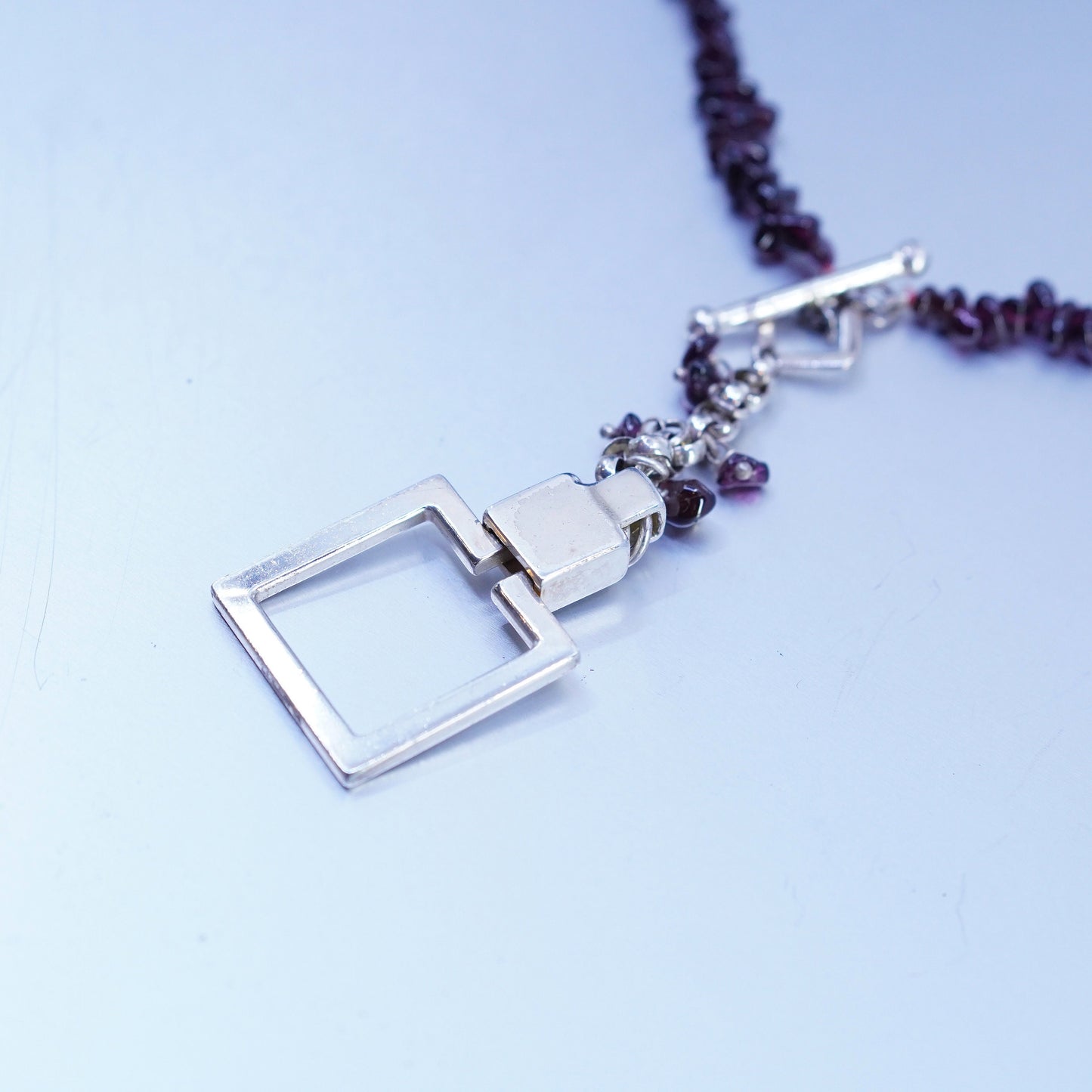 16”, native American Sterling 925 silver garnet beads necklace square pendant