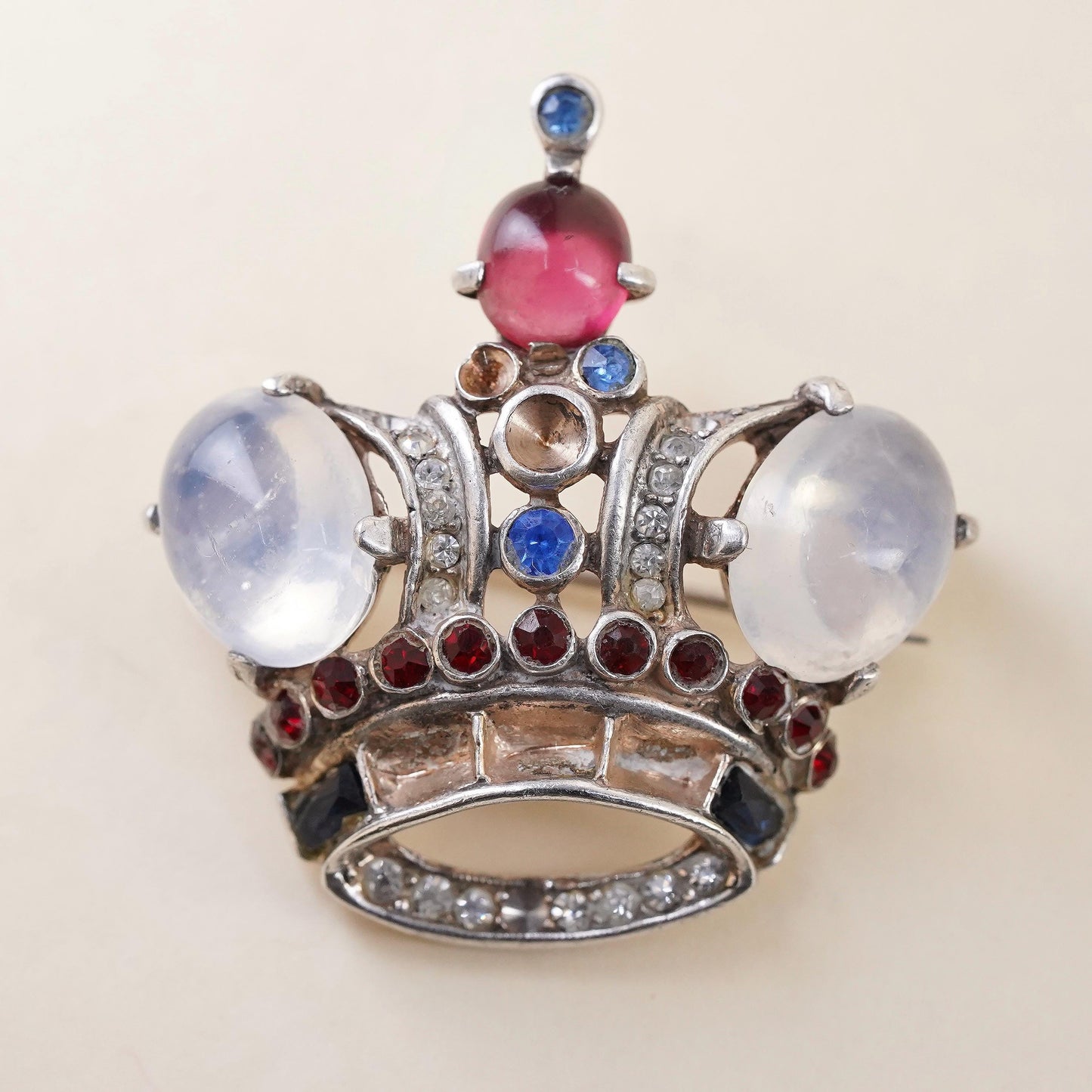 Trifari Alfred Philippe Sterling Silver Brooch 1942 Moonstone Royal Crown Pin