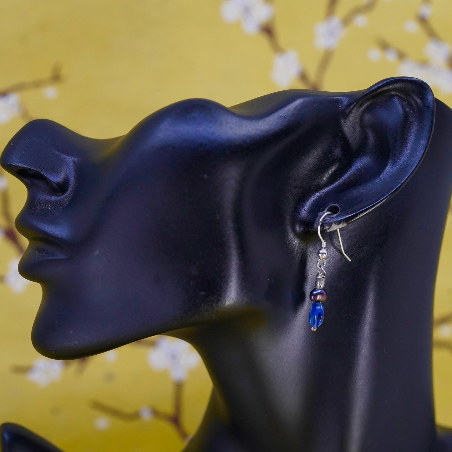 Vintage sterling 925 silver handmade earrings with blue glass bead