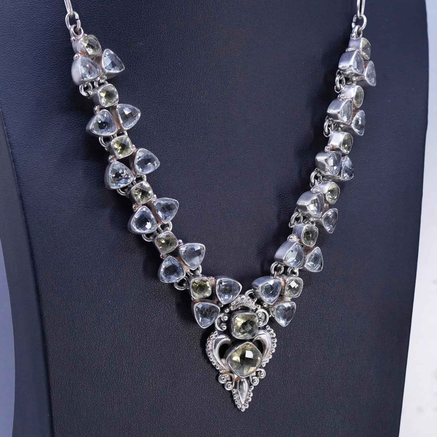 18”, Sterling 925 silver elongated chain necklace Prasiolite amethyst beads