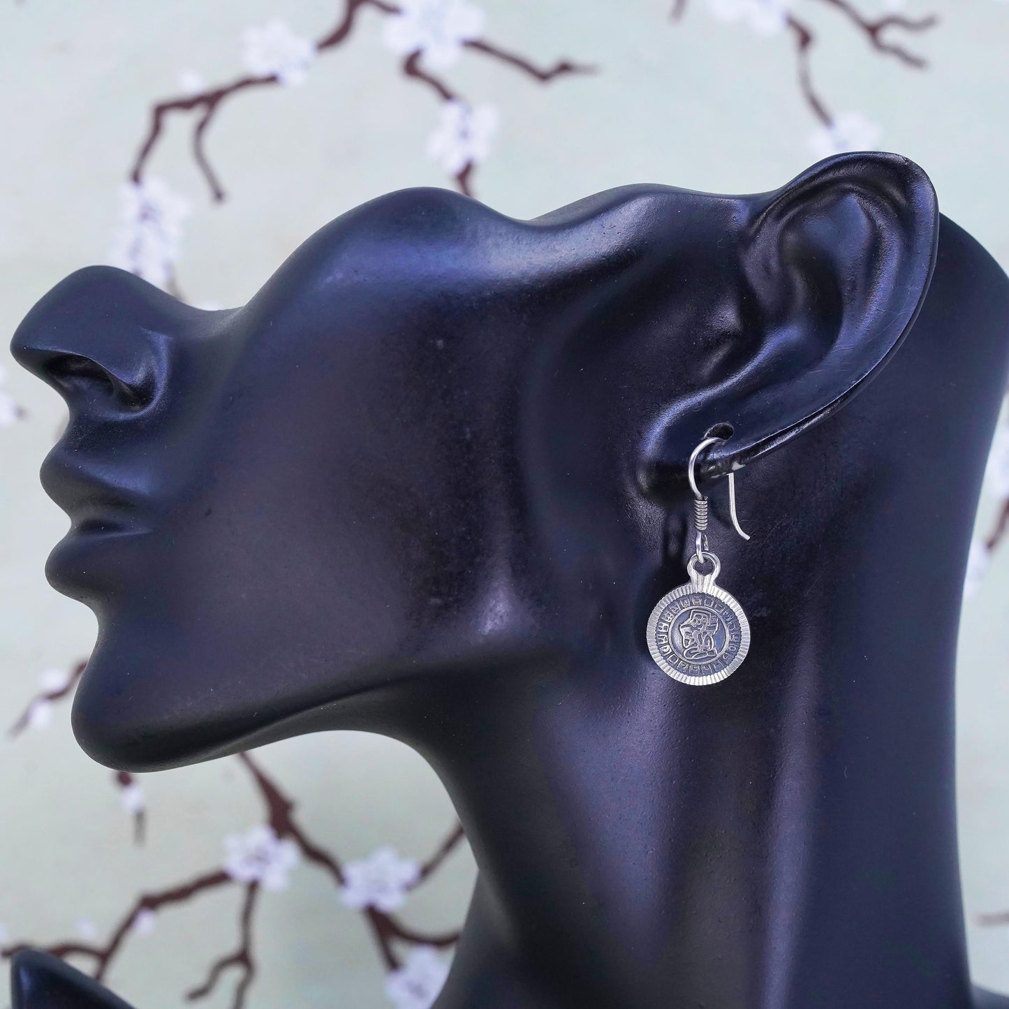 Vintage sterling silver handmade earrings, 925 circle with Mayan calendar