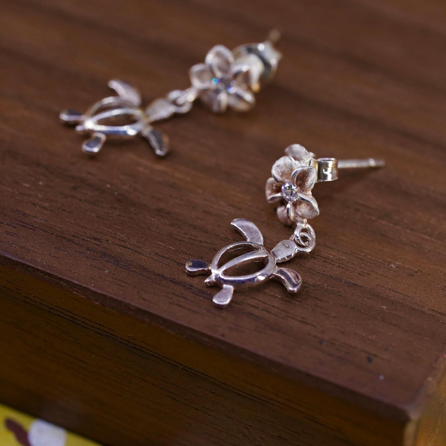 Vintage Sterling silver earrings, 925 plumeria flower studs with turtle dangles