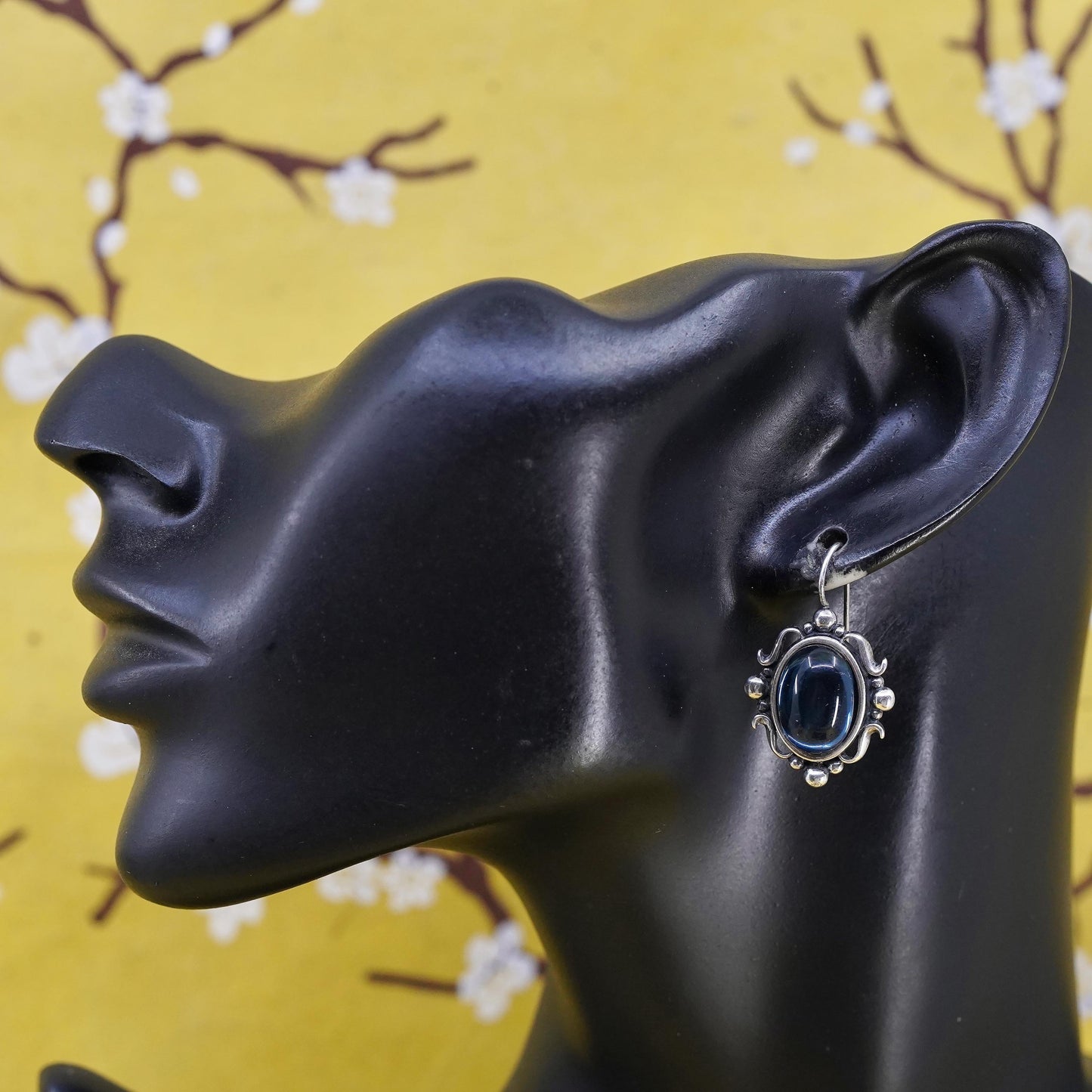Vintage southwestern sterling 925 silver oval earrings with artisan blue glass