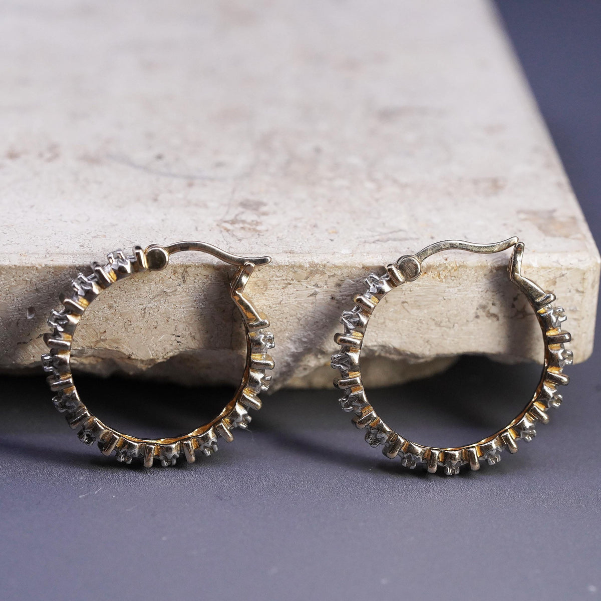 1”, vermeil gold over Sterling silver handmade earrings, 925 hoops with diamond