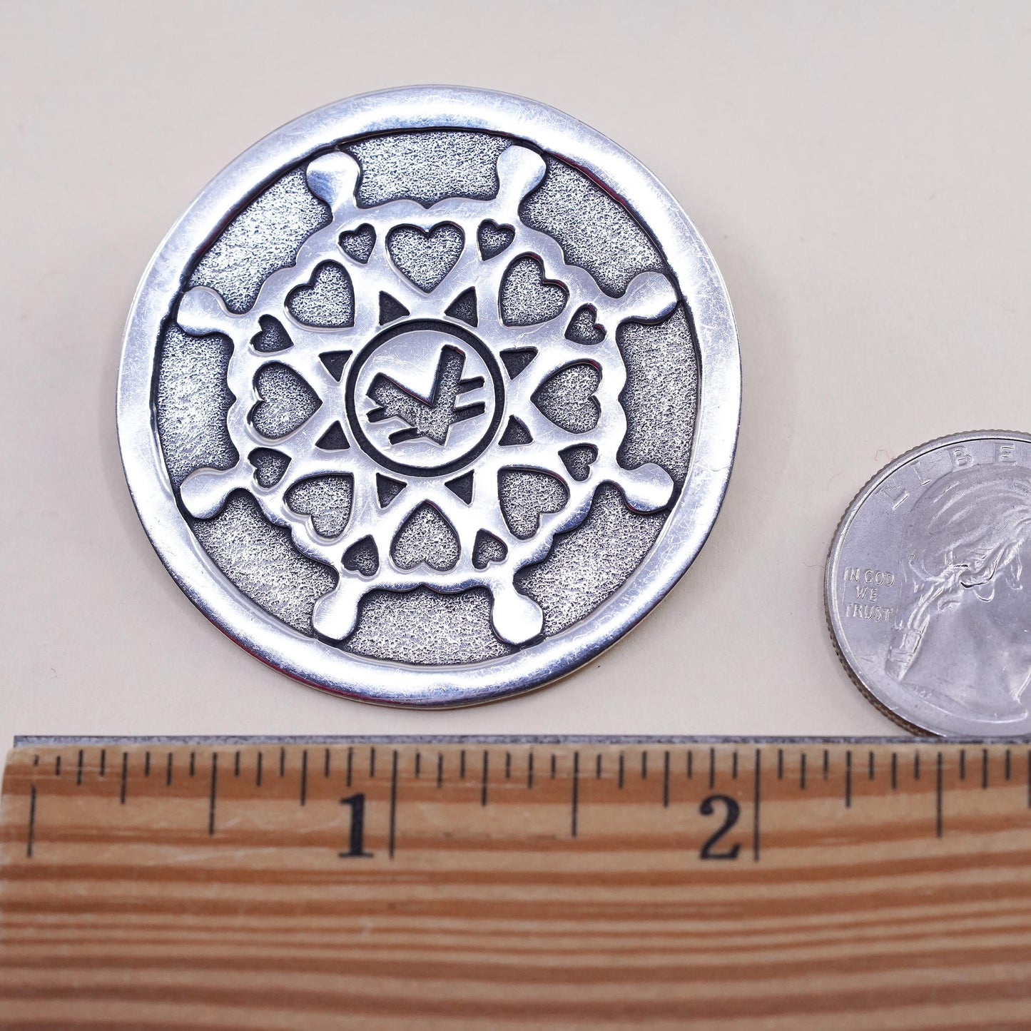 Vintage 925 Sterling Silver Large Round Brooch, Nordic Heart Mandala pendant