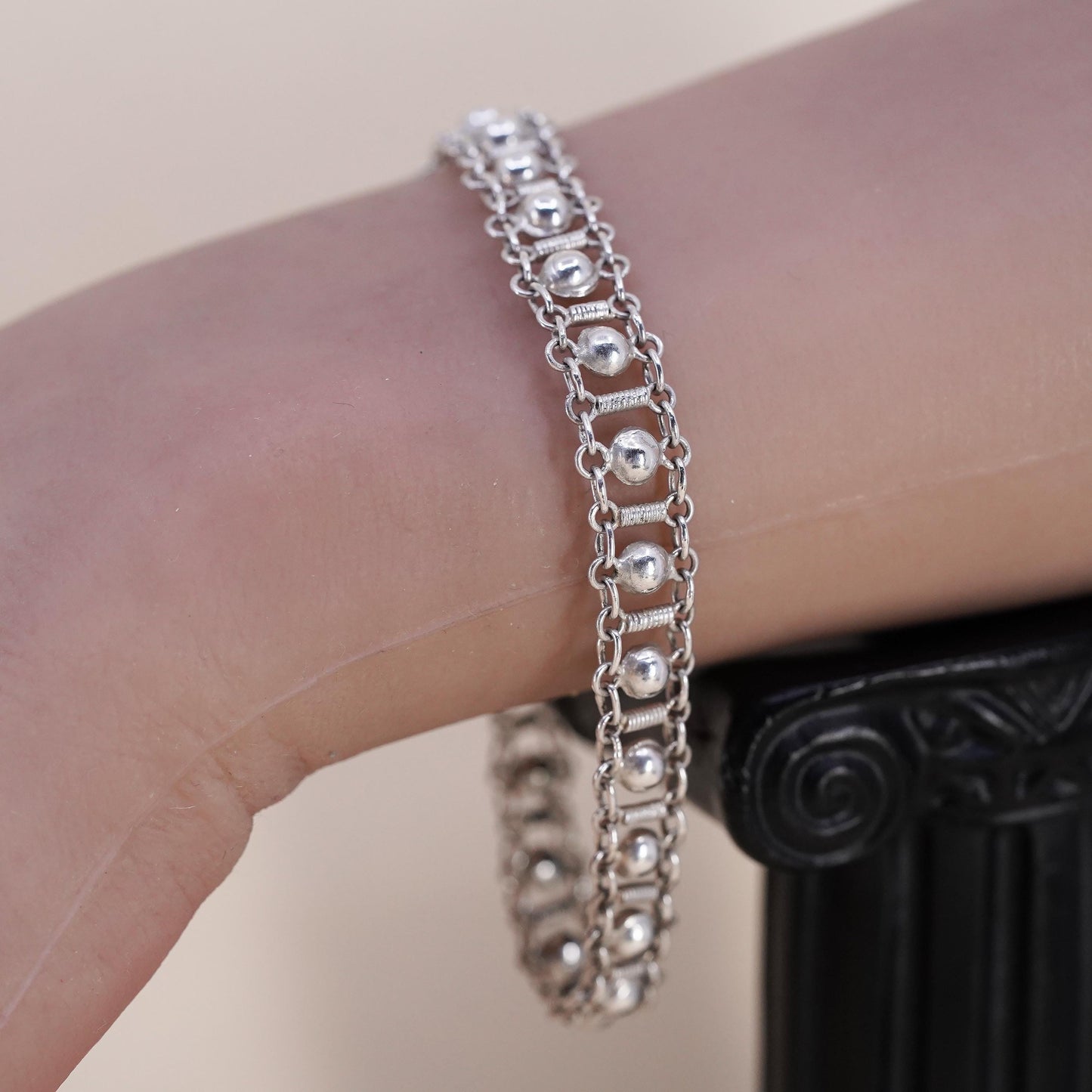 7.5”, Vintage sterling silver handmade bracelet, 925 snake chain with 3mm beads