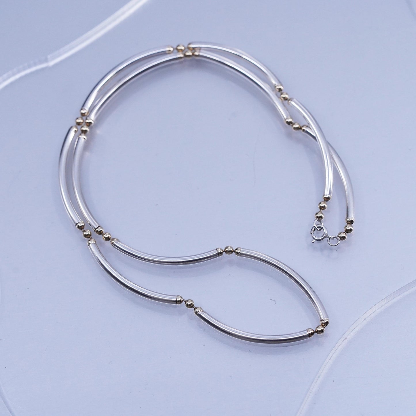 18” 2mm, vintage two tone Sterling 925 silver bar chain necklace with beads