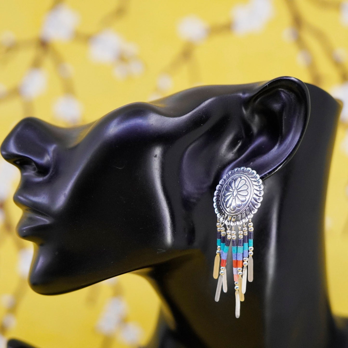 Quoc Turquoise Q.T. Sterling Silver Earrings, 925 studs malachite fringe drops