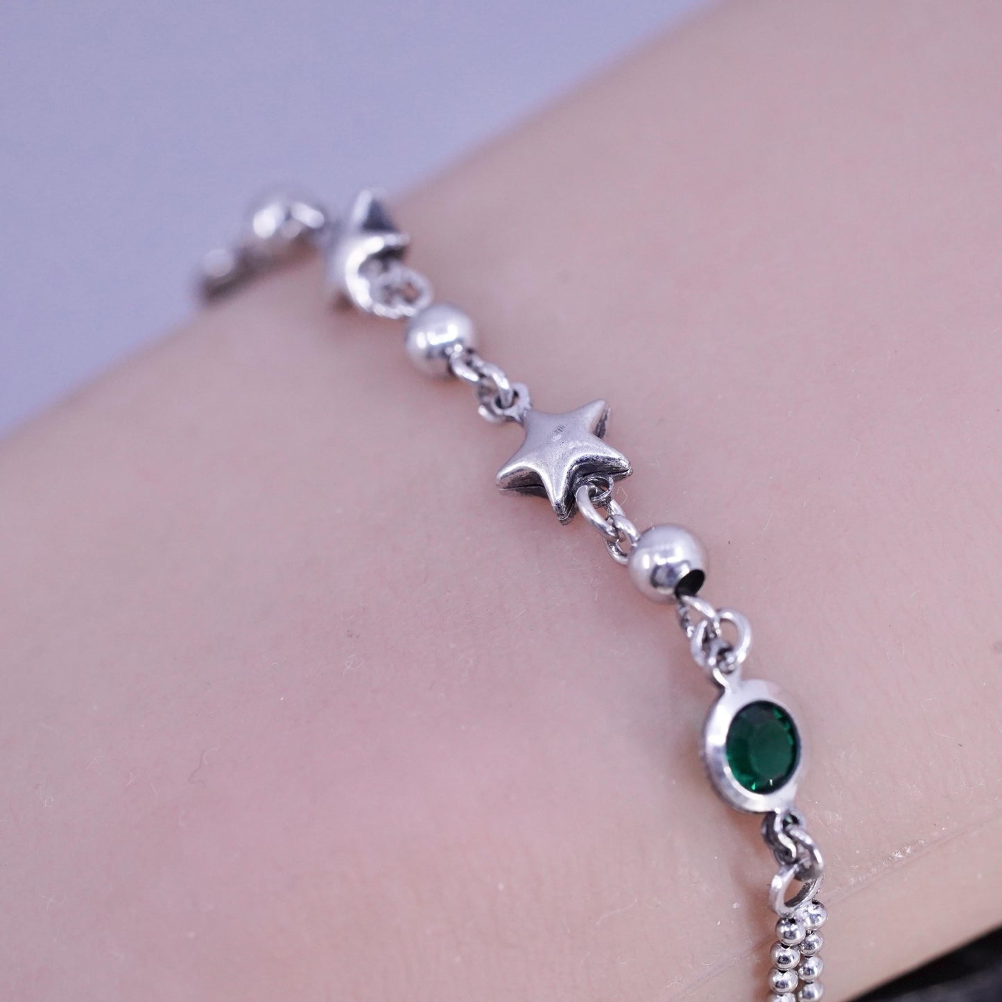 7", vintage sterling silver handmade bracelet, 925 bead chain with star charms