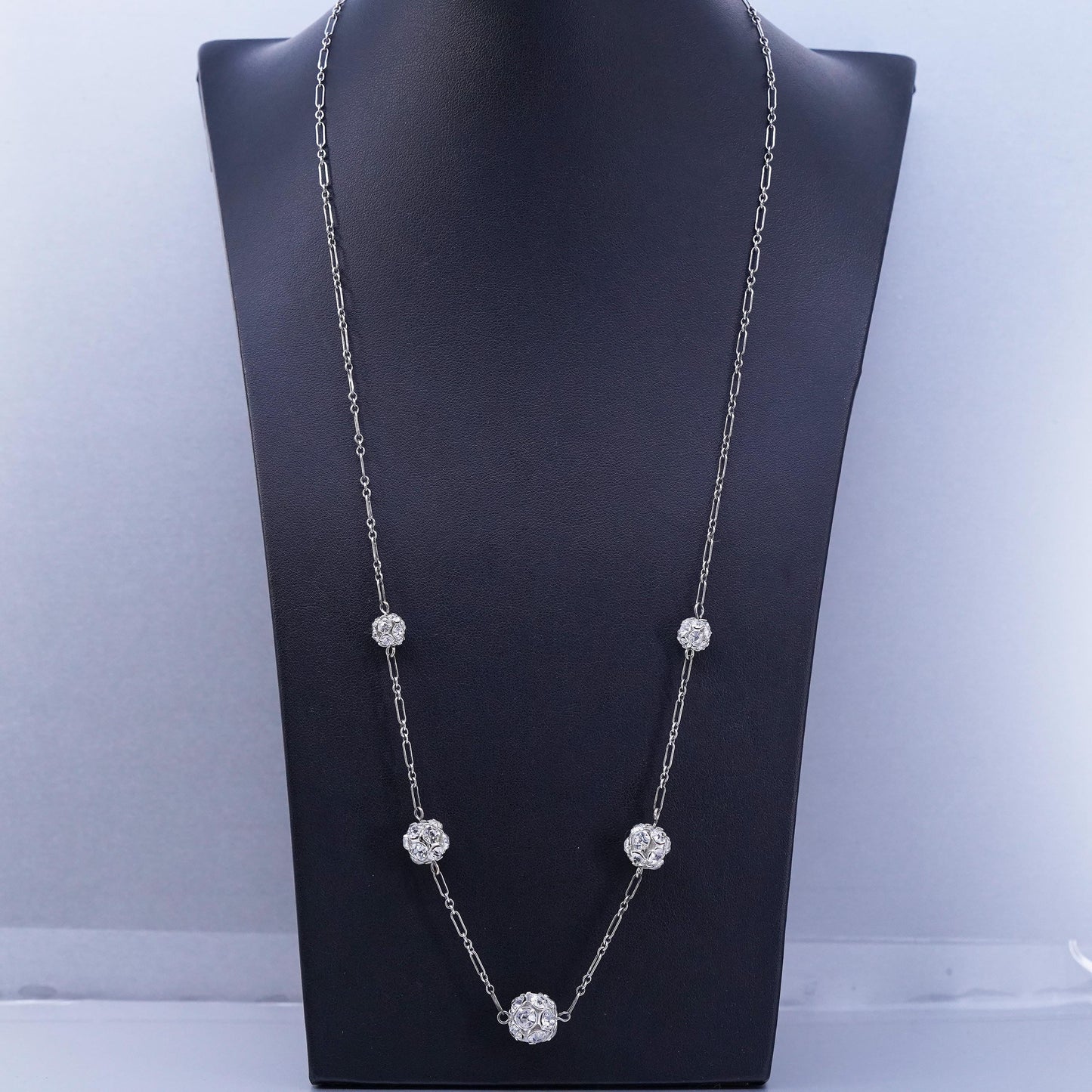 24”, vintage Sterling 925 silver elongated chain pendant necklace with Cz beads