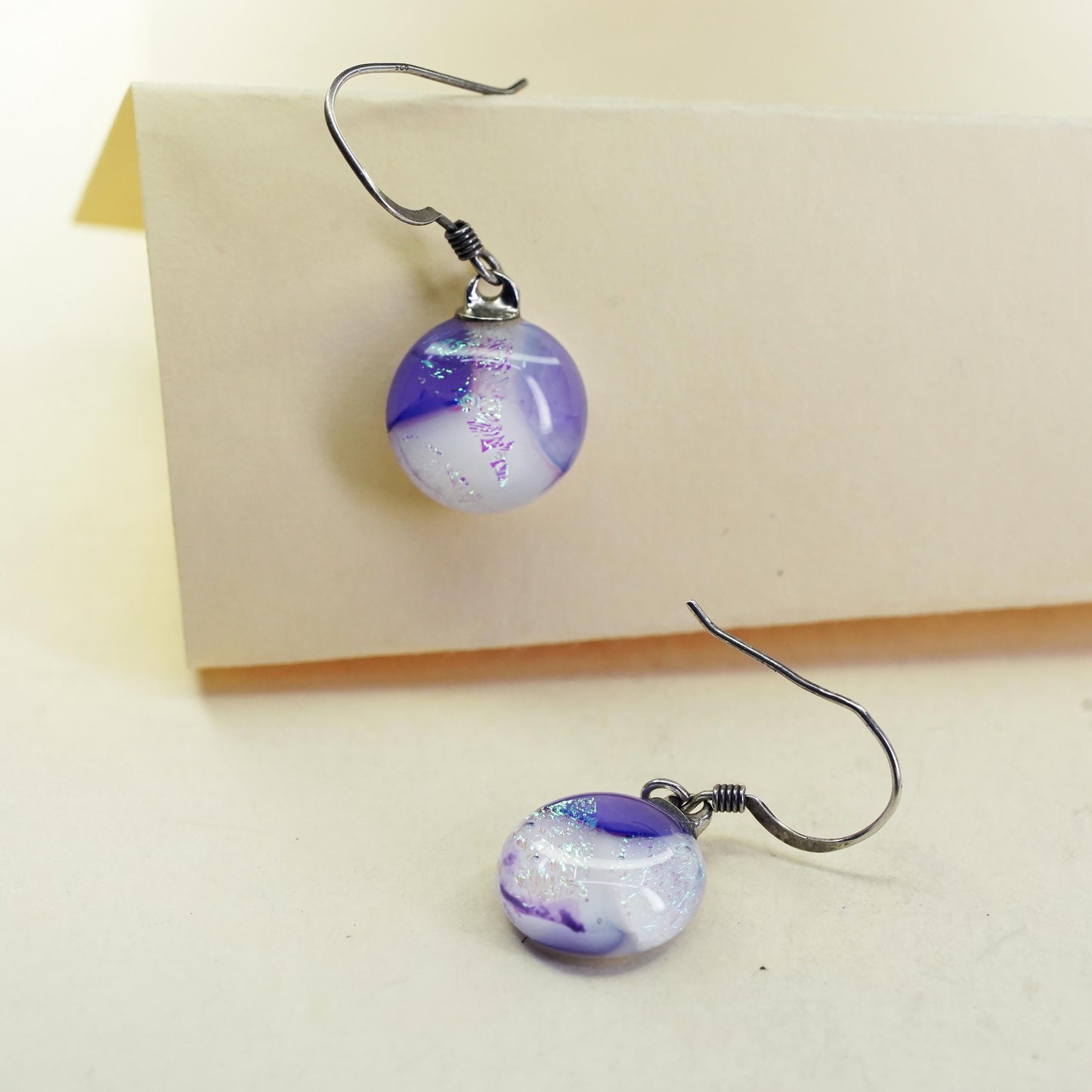 Vintage Sterling 925 silver handmade earrings purple foiled artisan glass drops