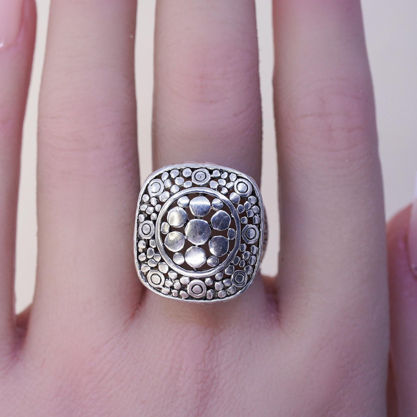 Size 7, vintage sterling silver handmade statement ring, 925 dotted boxy band