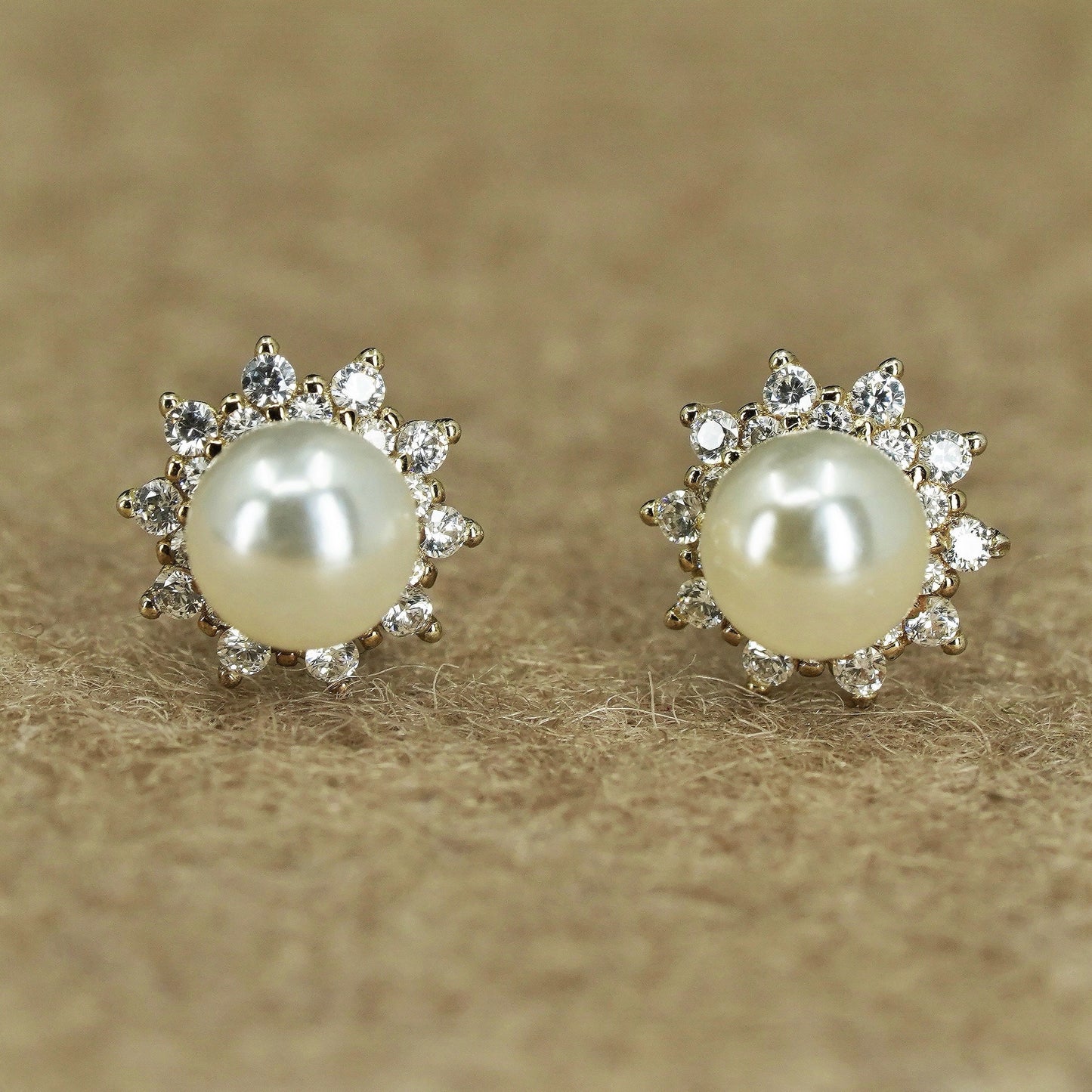 Vintage Sterling 925 silver handmade earrings, studs with pearl and cz