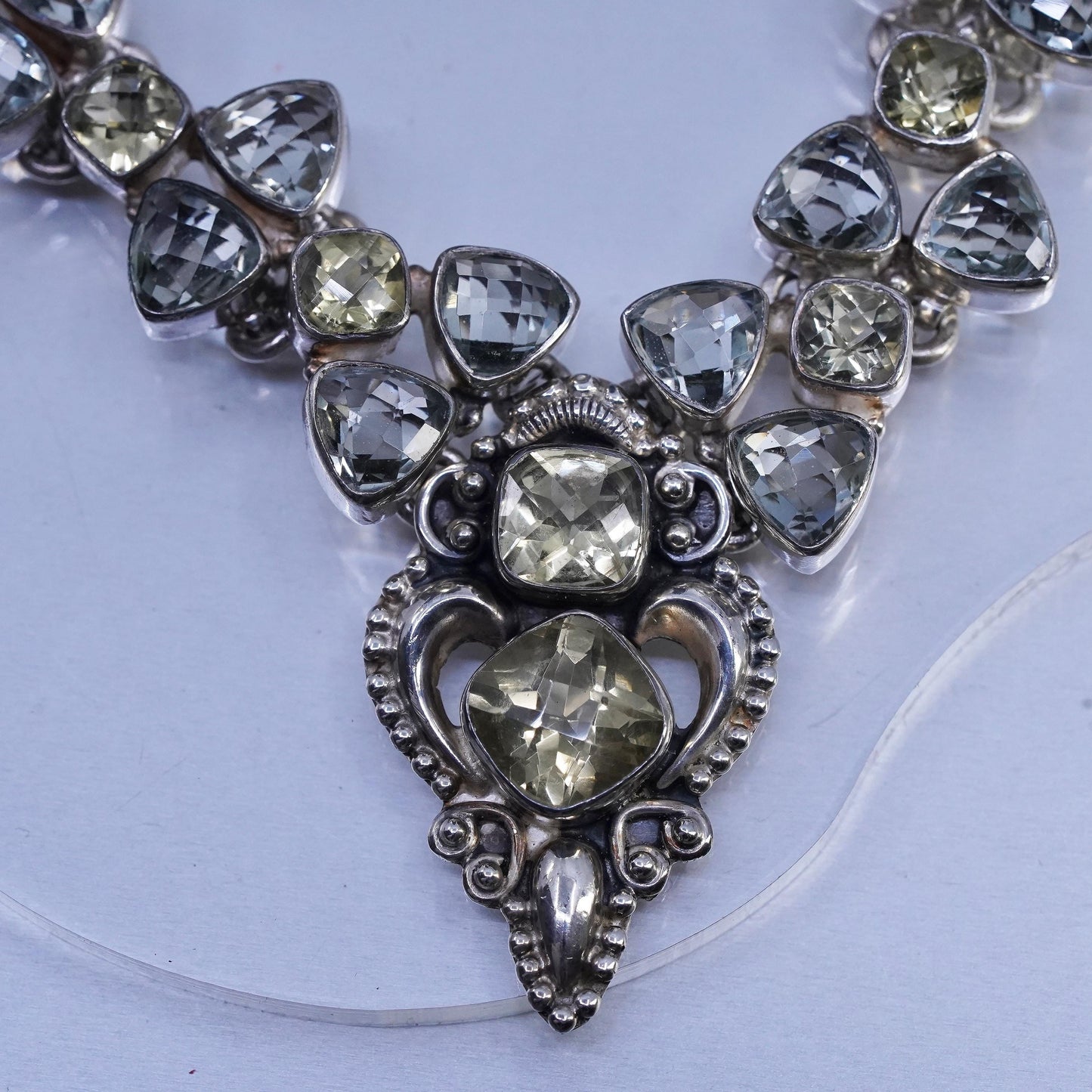 18”, Sterling 925 silver elongated chain necklace Prasiolite amethyst beads