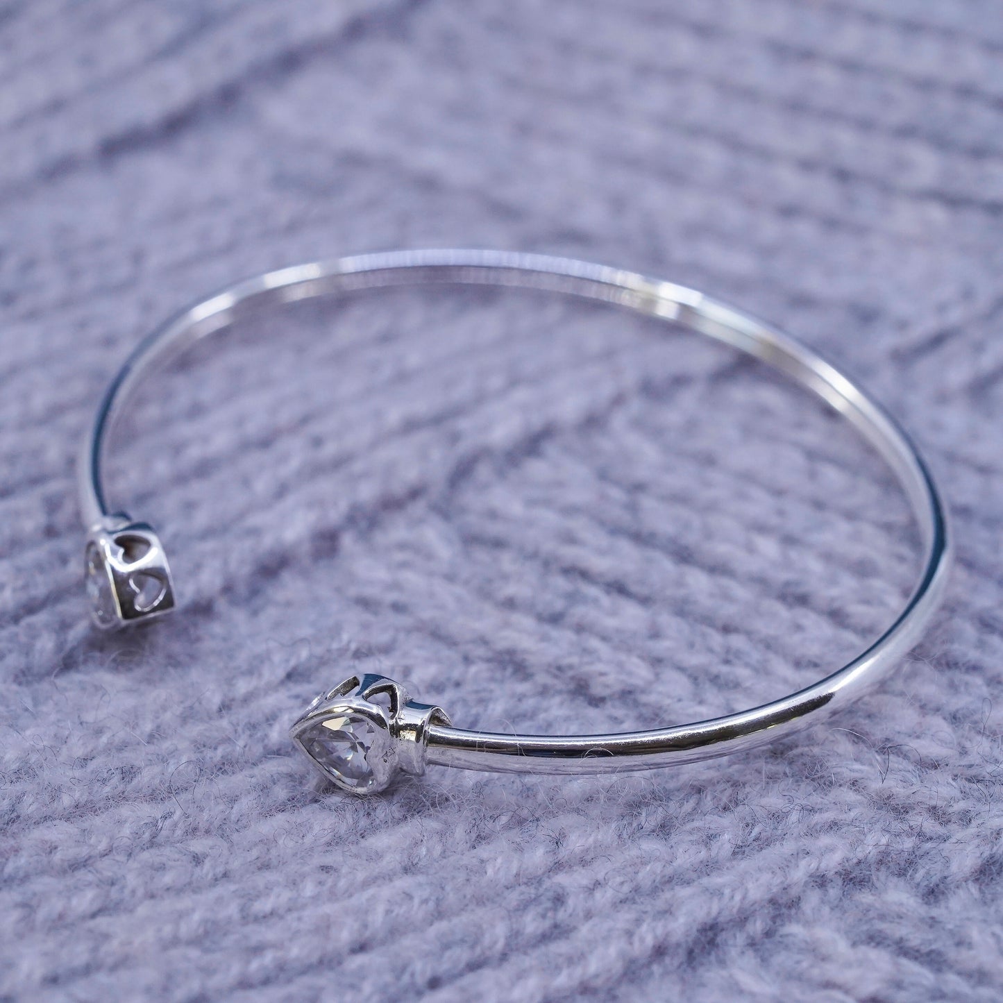 6.75”, vintage Sterling 925 silver stackable cuff bracelet with heart cz ends