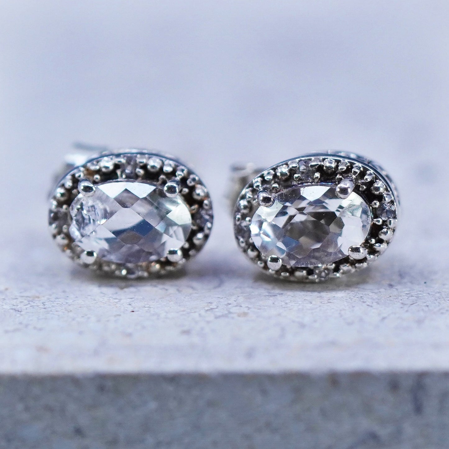 Vintage sterling silver handmade earrings, 925 studs with cluster CZ inlay