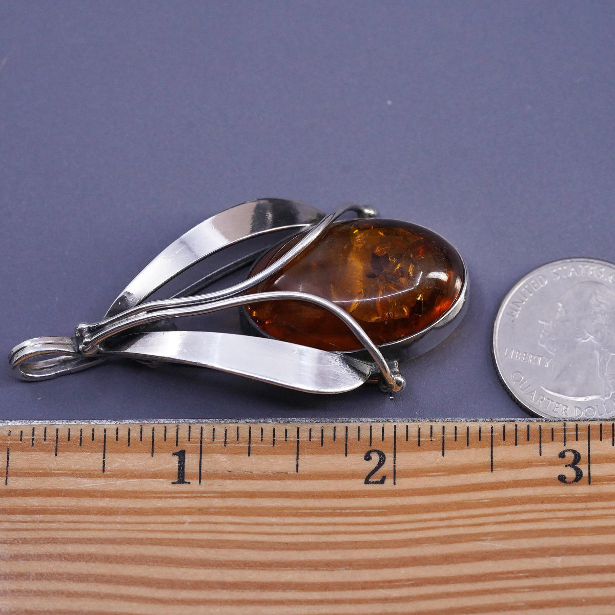 Vintage southwestern sterling silver handmade teardrop pendant 925 amber brooch