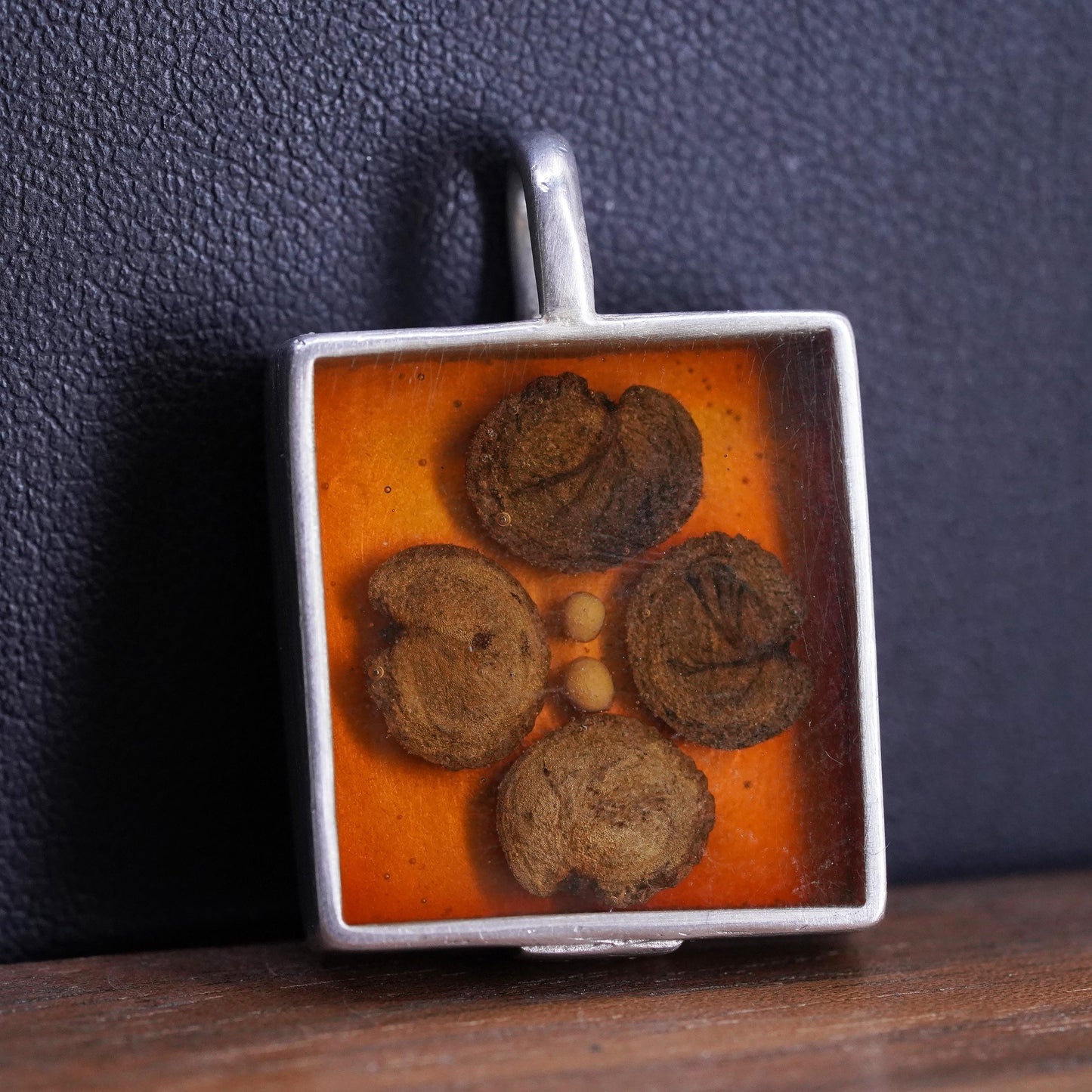 Vintage matte Sterling 925 silver square shaped pendant with resin flower