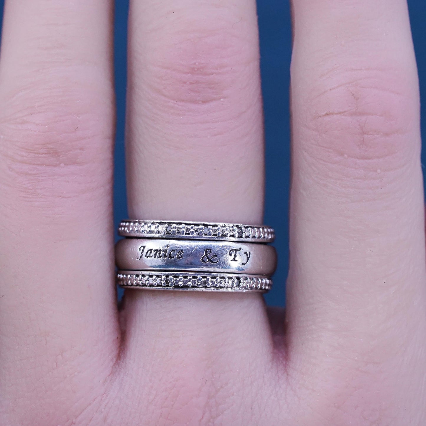 Size 6.25, VTG BGE Sterling 925 silver ring with crystal around, “Janice and TY